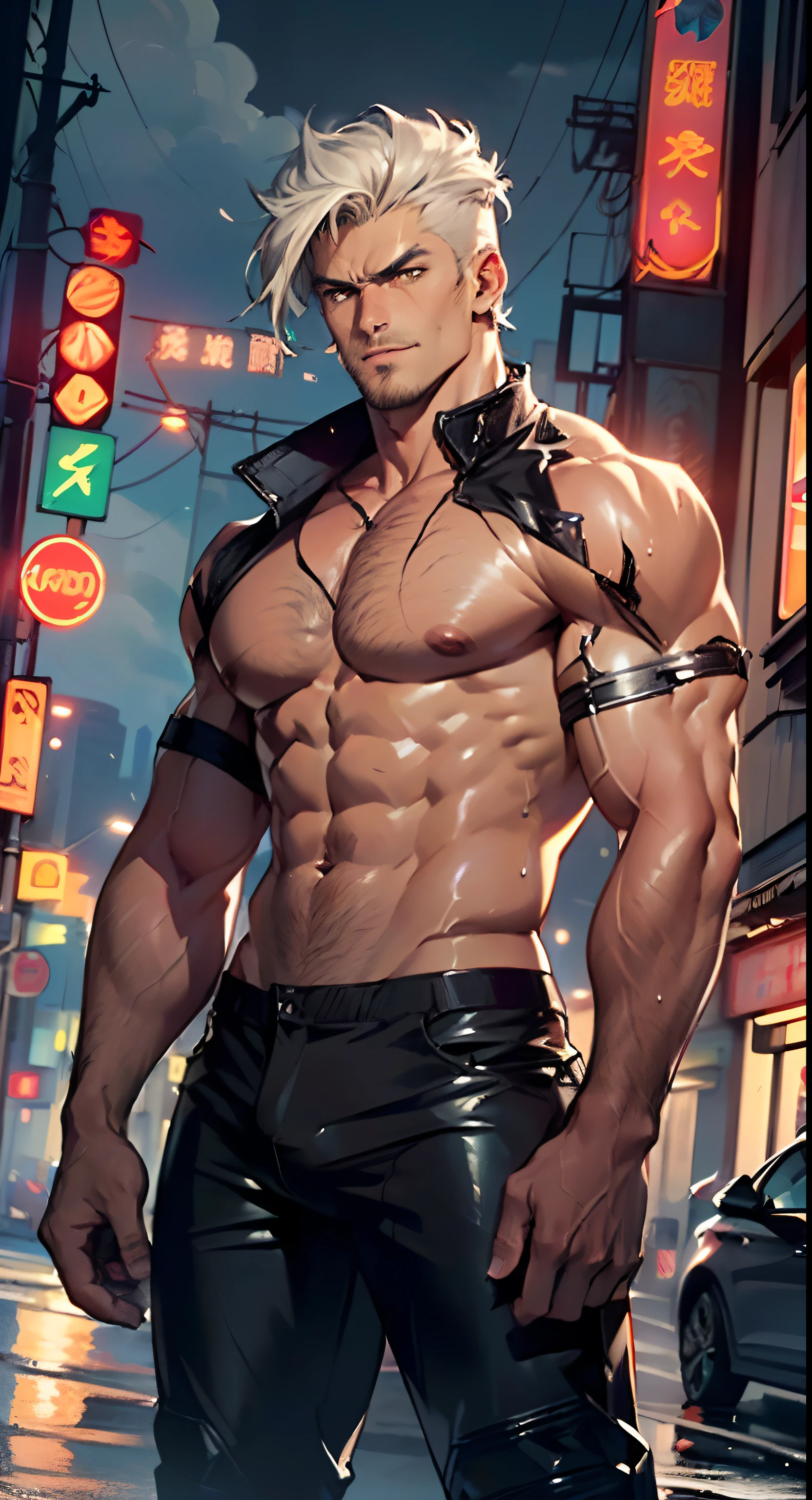 muscular man,(((1man))),((man muscular)),
(((1male,man:1.5,handsome man,male,male gender:1.5,male focus))),
((short white hair)),(((lustrous skin:1.5,tanned skin,bright skin: 1.5,skin tanned,shiny skin,very shiny skin,shiny body,illuminated skin))),(((yellow eyes:1.2))),intricate eyes,beautiful detailed eyes,symmetrical eyes,((exaggerated muscles,exaggerated shoulders,very muscular and huge)),man chest,handsome face,((((muscular,hairy body,muscular man,tall,big biceps,abs,big thighs,broad shoulders,open chest)))),((hand consists of a short thumb and four fingers,a hand with only five fingers,(detailed face))),(((square jaw))),
alluring look,nsfw,
(((bare chest,shirtless))),motorcyclist pants,((bulge in pants)),((motorcyclist outfit)),(wearing a motorcyclist outfit:1.3,motorcyclist clothes),((wet clothes,intricate outfit,intricate clothes)),
(dynamic pose:1.0),solo focus,((evil smile,evil look)),(centered,scale to fit dimensions,Rule of thirds),
cyberpunk city by the ocean at night, with bright neon signs and dark stormy clouds and puddles, scenery:1.25,
highres, sharp focus, (ultra detailed, extremely detailed), (photorealistic artwork:1.37),(extremely detailed CG unity 8k wallpaper),((synthwave background theme)),(((vibrant colors))),(intricate background),(masterpiece),(best quality),