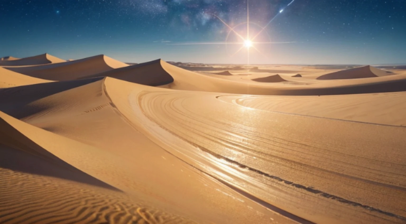 Imagine-se em um deserto vasto e silencioso, with golden sand dunes that extend as far as the eye can see. The sky is full of bright stars, pintando um quadro deslumbrante. How do you feel to look at the infinite and contemplate the vastness of the universe?