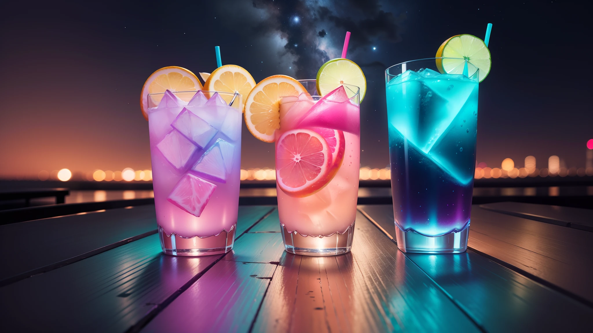 (8k、fotografia RAW、qualidade superior、obra prima:1.2)、(realisitic、fotorrealista:1.37)、(ultra-detalhada)、drinks de bebidas nortuna, com tons de leds azuis e rosa, people dancing in a gigantic place with universe in the background, muito realismo com a natureza iluminado por neon futurista, Com Miami Vice Cores, Neon pink and blue drinks in beautiful night in the galaxy