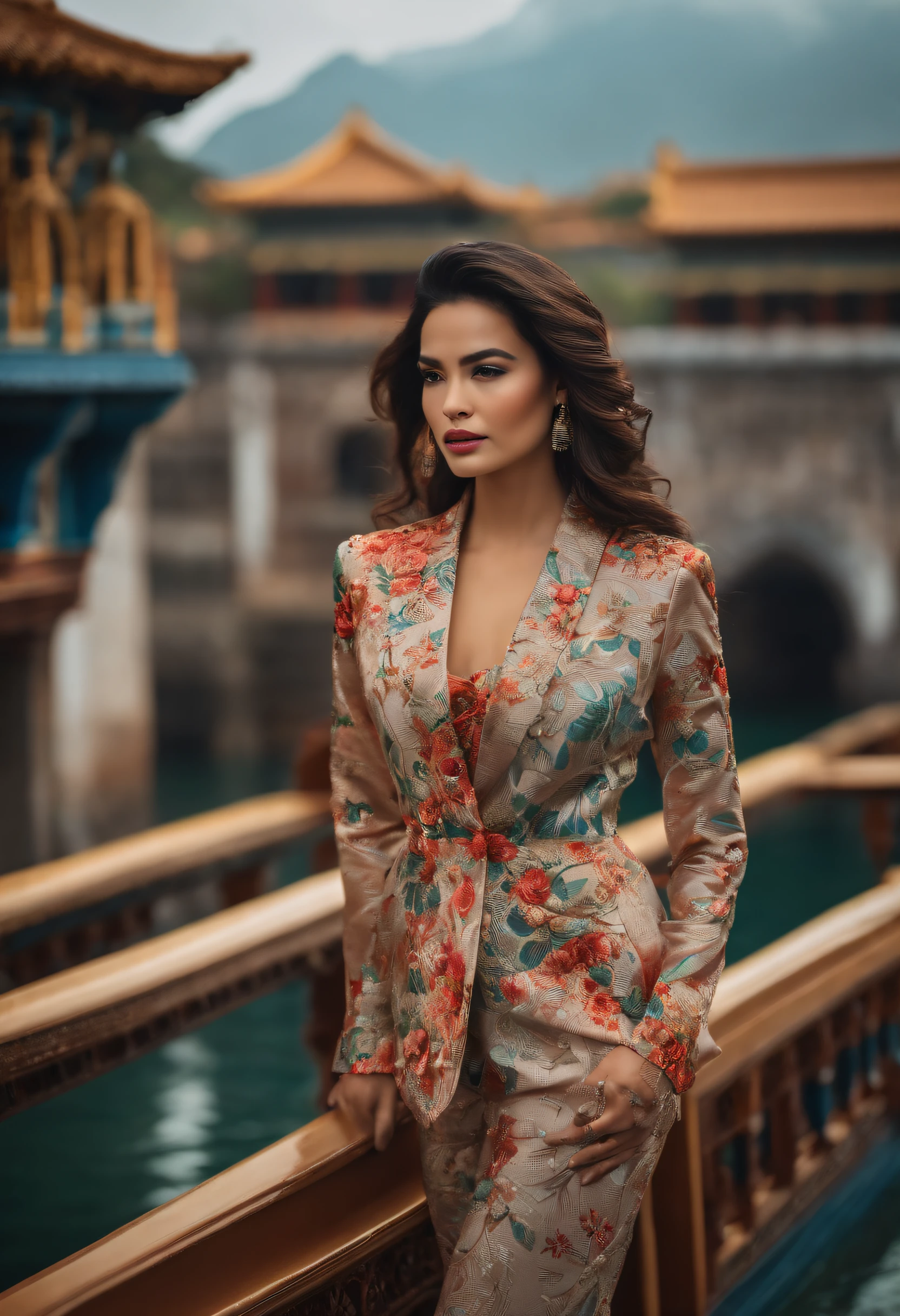 Ao lado do rio Huangpu，business suit， cabelo  loiro ,