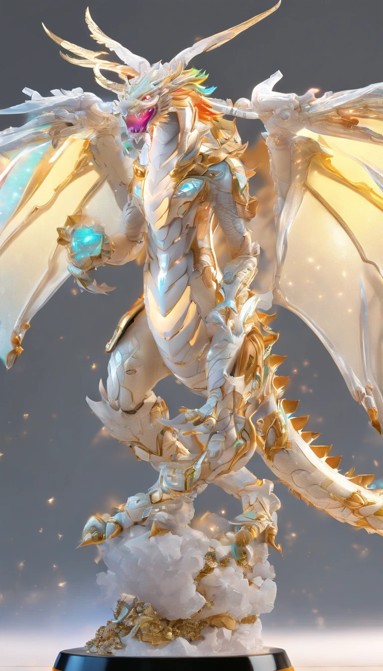 Chinese White dragon, (blind box toy style:1.2), (Full body shot) , Behind him is a crystal Chinese dragon, Transparent Mecha, Exquisite helmet:1.2, Luminescent goggles:1.2, Cyberpunk, Dreamy glow, bright neon lights, clean, White background, ( Global Illumination, Ray traching, nffsw, Unreal Render,Reasonable design, high detal, masutepiece, Best Quality, hyper HD, Cinematic lighting)