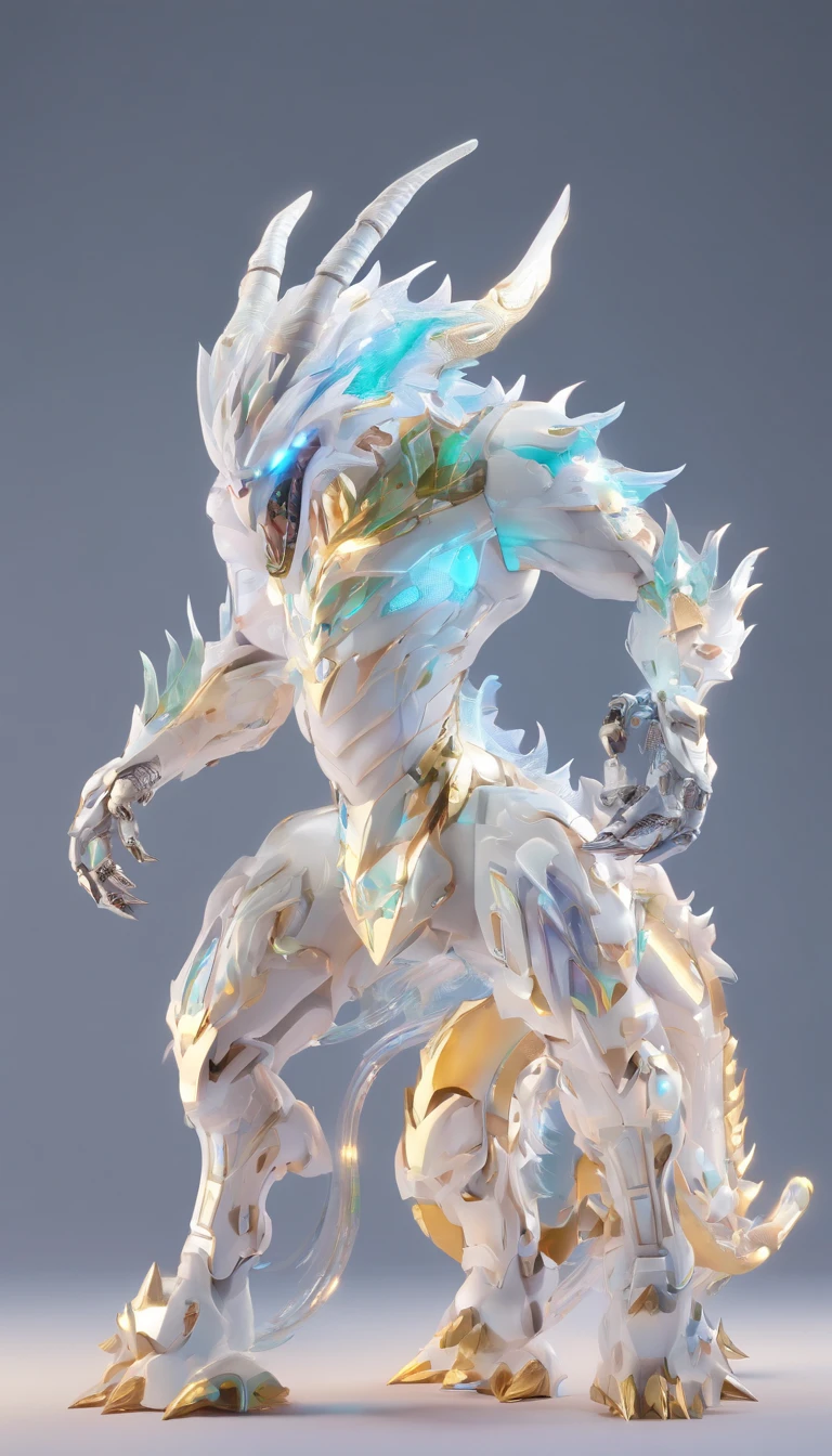 Chinese White dragon, (blind box toy style:1.2), (Full body shot) , Behind him is a crystal Chinese dragon, Transparent Mecha, Exquisite helmet:1.2, Luminescent goggles:1.2, Cyberpunk, Dreamy glow, bright neon lights, clean, White background, ( Global Illumination, Ray traching, nffsw, Unreal Render,Reasonable design, high detal, masutepiece, Best Quality, hyper HD, Cinematic lighting)