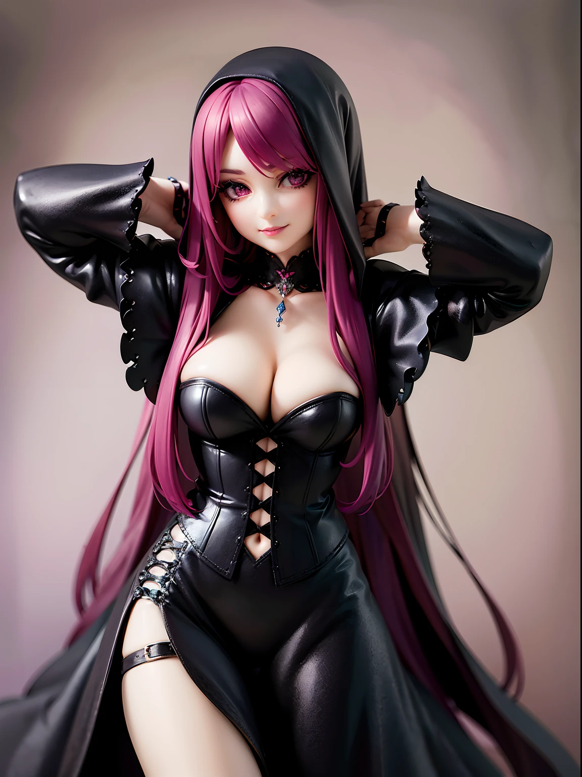 highres, ultra detailed, (ung beautiful girl, solo:1.1),gothic style, dark clothing, black lace, corsets, velvet, chokers, dramatic makeup, brooding accessories, mysterious aura, devil horn, pink hair, large breasts, (seductive smile), devil wing