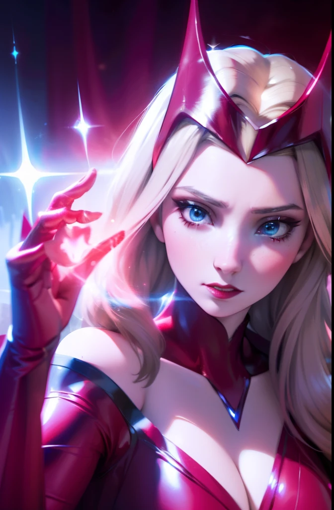 (best quality,4k,8k,highres,masterpiece:1.2),ultra-detailed,(realistic,photorealistic,photo-realistic:1.37), Elsa as Scarlet Witch, red headpiece, Elsa, Wanda, Marvel, Classic Scarlet costume, Elsa in Scarlet witch uniform, Platinum blonde, Portrait magical aura, flowing red cape, intense gaze, powerful energy, glowing red eyes, intricate details on the headpiece and costume, mystical background, vibrant colors, dramatic lighting., close up, platinum-blonde, white hair, blue eyes, portrait, headpiece red, portrait of head, portrait, close up, just her head, red headpiece, Scarlet witch headpiece