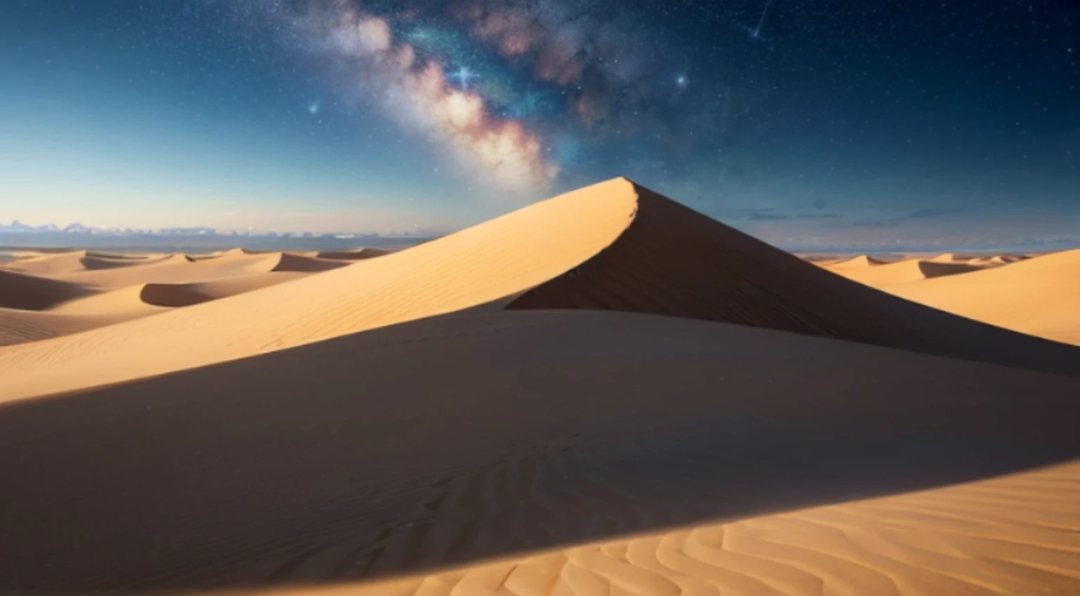 Desert, at night, pink tones, falling stars
