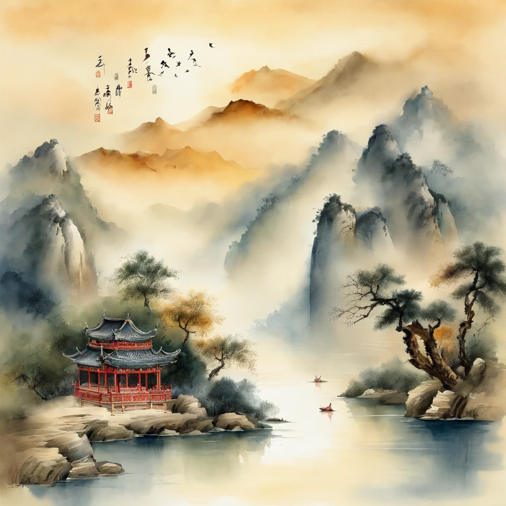 Chinese landscape painting，ink and watercolor painting，water ink，ink，Smudge，Faraway view，Ultra-wide viewing angle，Meticulous，Light boat in the distance，Faraway view，Meticulous，Smudge，low-saturation，Low contrast，The light boat has crossed the Ten Thousand Heavy Mountains，Beautifully depicted，A detailed，acurate，Works of masters，tmasterpiece