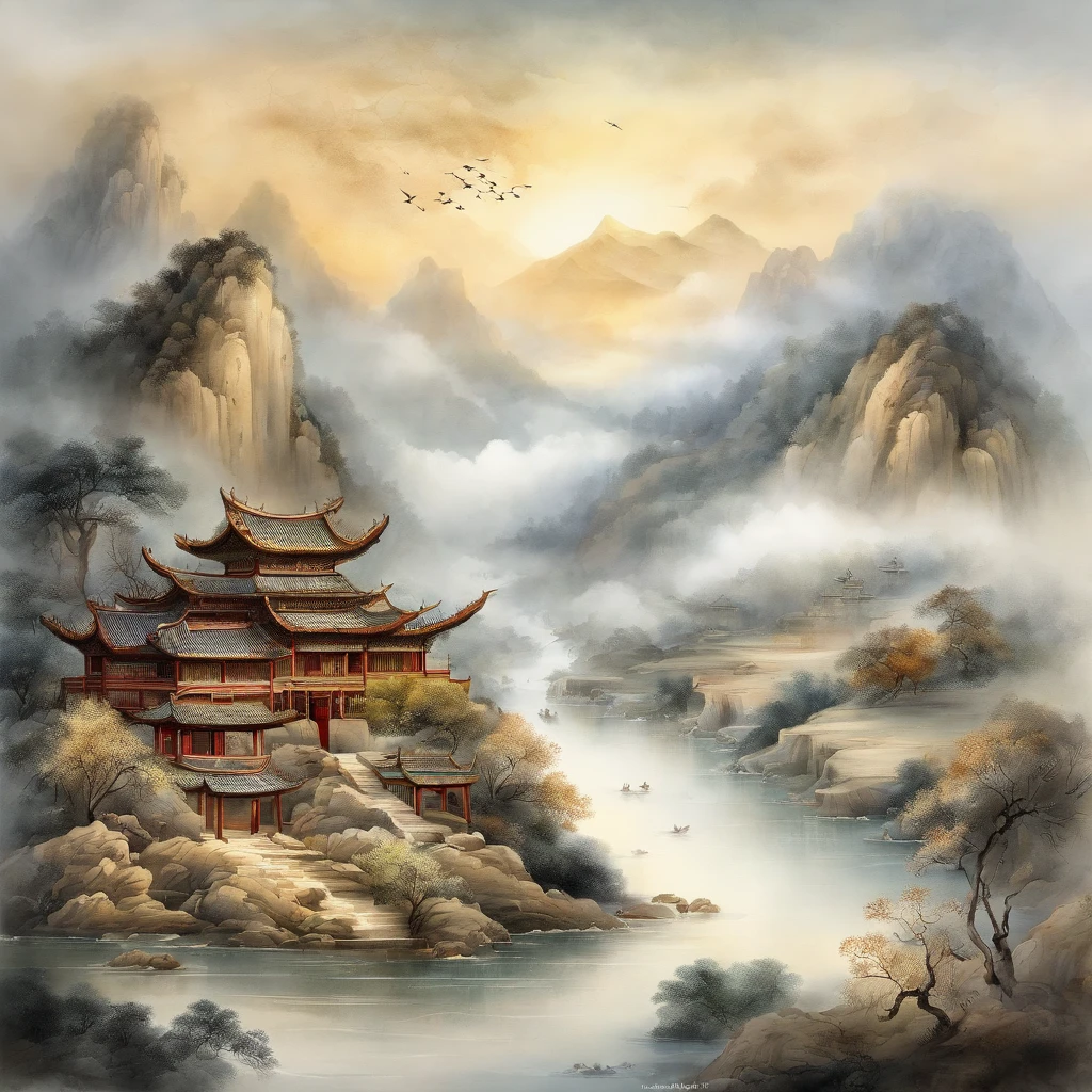 An ancient Chinese painting, ancient Chinese background, mountains, rivers, auspicious clouds, pavilions, sunshine, masterpieces, super detail, epic composition, ultra HD, high quality, extremely detailed, official art, unified 8k wallpaper, Super detail, 32k -- v 6