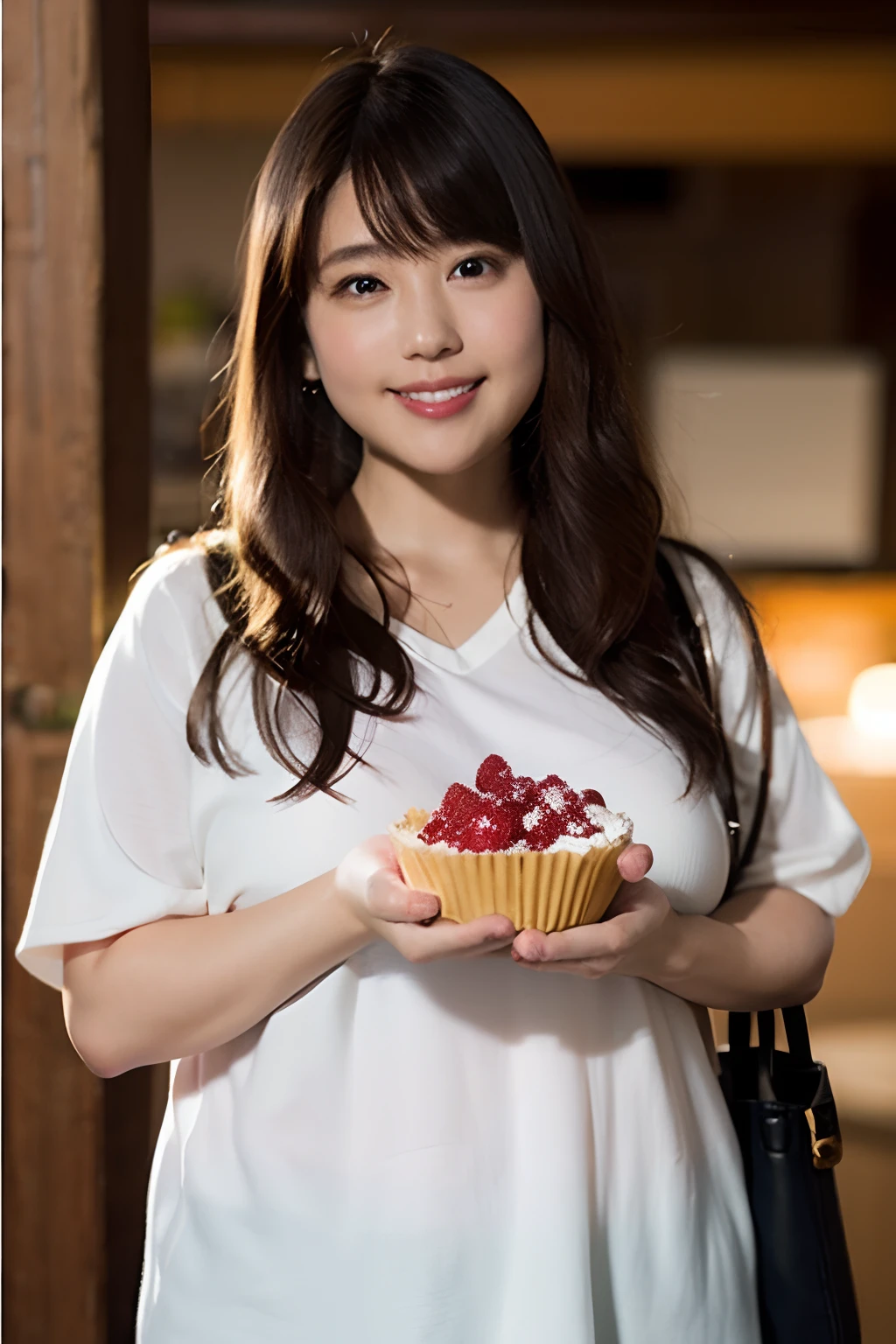 (8K、Raw photography、top-quality、masterpiece:1.2)、(realisitic、Photorealsitic:1.37)、ultra-detailliert、超A high resolution、女の子1人、There is a village frame pure、Kasumi Arimura、beautifull detailed face、Smile、Fat face、fatness、(Very fat style) :1.3)、Hungry clothes、Beautiful detailed skin、Skin Texture、profetional lighting、full body Esbian、(Obese body)、Eating sweets、Eating sweets
