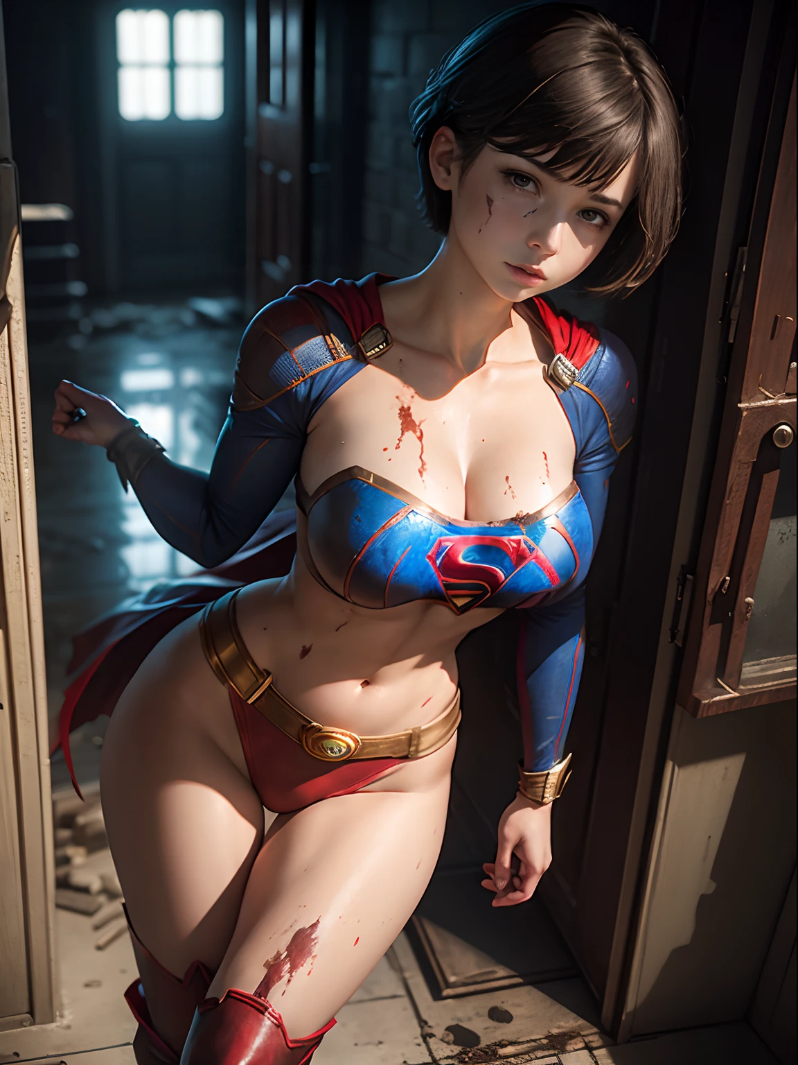 masterpiece、Short-haired Supergirl exploring inside a mysterious laboratory、large full breasts、Looking at the camera、Glossy costume、Tattered costume、wounded、dreary atmosphere、Strange atmosphere、Crotch、Mud stains、bright red boots、Suspicious shadows
