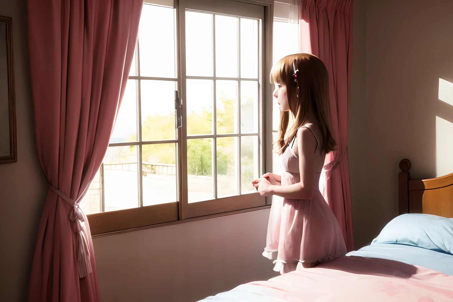 anime, 1girl, solo, cleavage, negligee, frills, window,full moon, in bedroom,