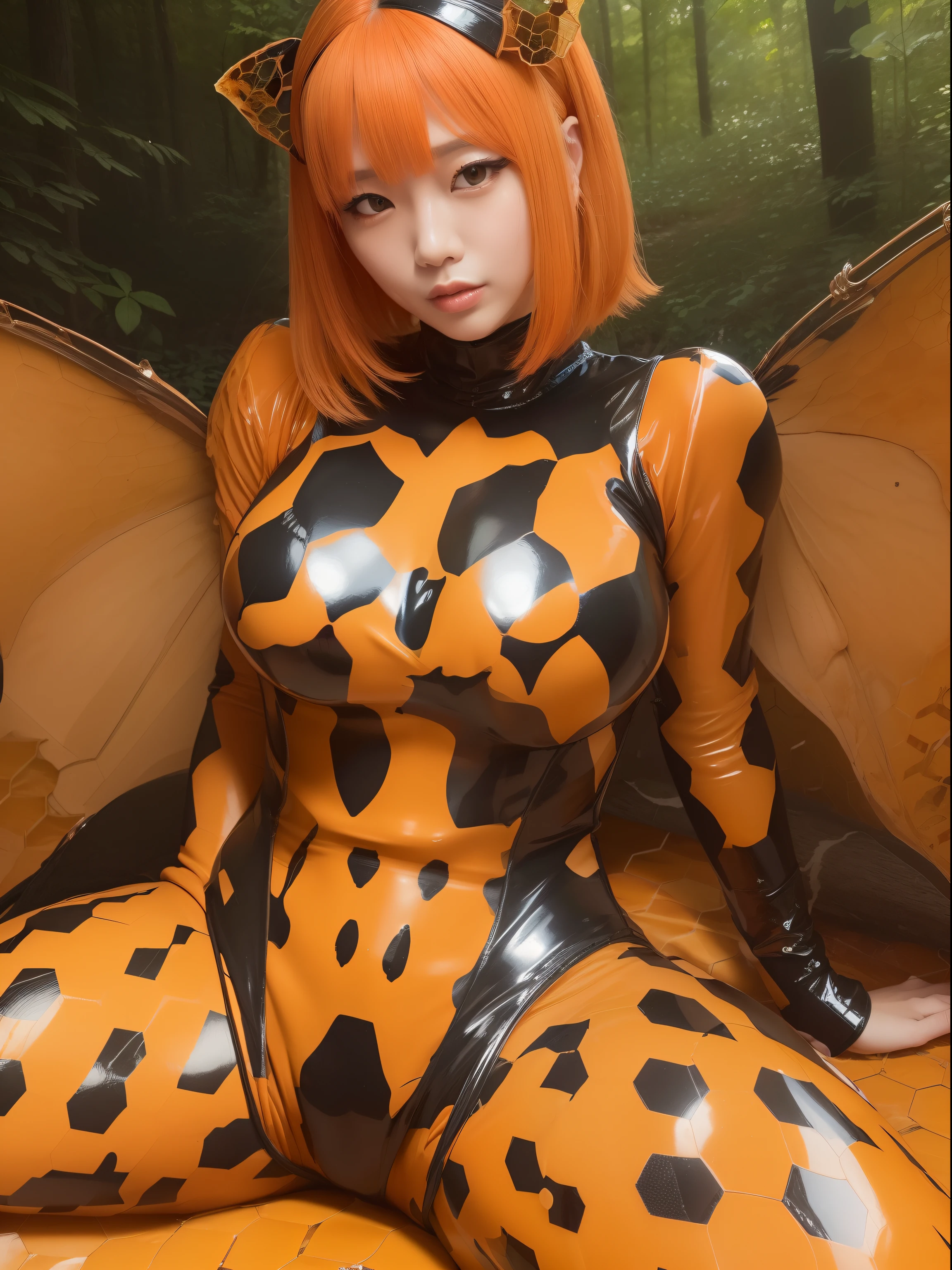 Best Quality,Gorgeous Korean Woman,(big honeycomb pattern orange and black latex suit:1.3),Gothic ta Makeup,In the forest,(Full body),Smile,Solo,(butterfry wings:1.2),29yo,super model,Staring at the viewer,Big,Wet skin,Shiny skin,antennae,Red pupils,((Saliva)),latex face mask