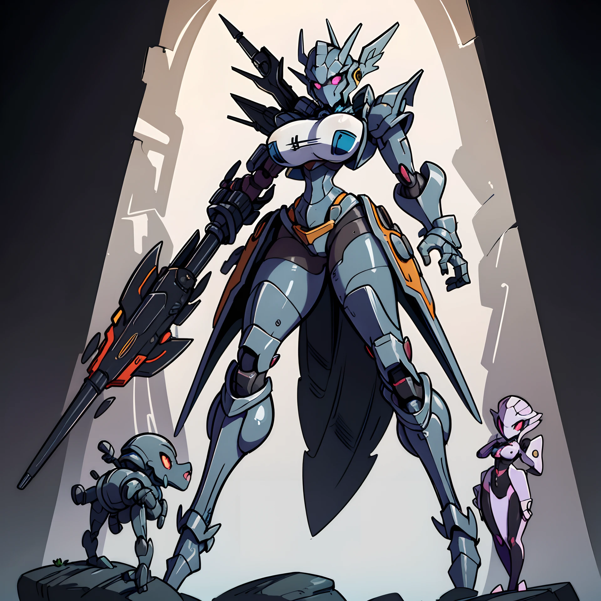 ((masterpiece)), full body, blank background, vectorized design, masterpiece, best quality, great design, overly sexy robot monster, too sexy for a toon, (Gothic Mother Figure Mechas (Maternal Gargoyle Mecha)), This mecha has a stern yet protective appearance, with stone-like armor resembling a gargoyle. It has outstretched wings and a nurturing demeanor. big breast, pretty boobs, motherly, horned helmet, exotic, amazing,