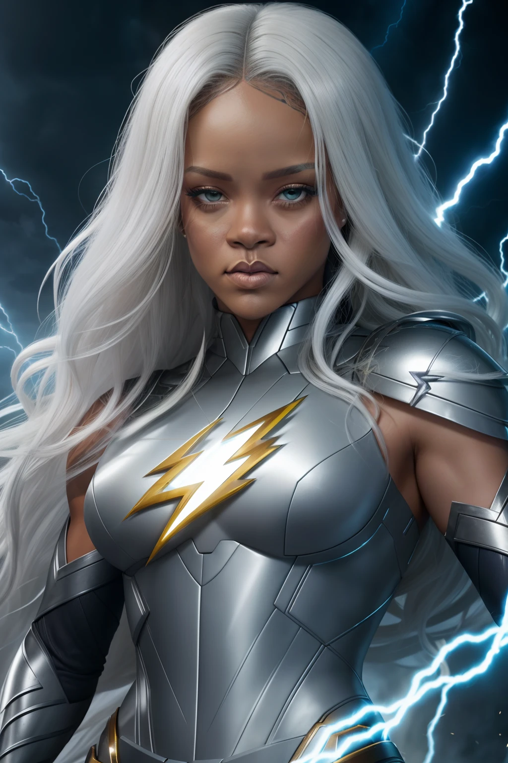 (Numerous award-winning masterpieces, with incredible detail, textures and maximum detail), (hyper realistic:1.4), (realistic:1.3), (best quality real texture skin),muscular girl, wavy long white hair, (Use flashy lightning magic:1.4), (Dramatic Light),1Beautiful woman, (((Rihanna as X-Men Storm))), ((sexy)), ((nippin)), ((camel toe)), (dark skin), Lightning is in your hands, thunder in the background, lightning armor, detailed face, All white hair, white eyes, glowing light eyes, superhero pose, Fujifilm X-T3, 1/1250sec at f/2.8, ISO 160, 84mm, cinematic lighting