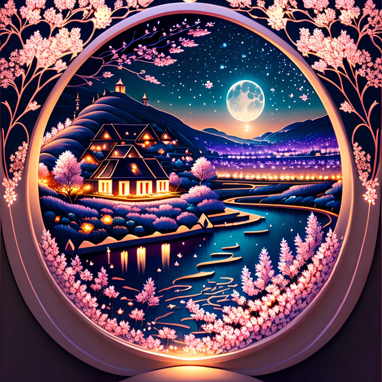 super high image, super detail, super high resolution, midnight, many lilies and cherry blossoms illuminated by moonlight on the hill of the town, landscape painting, delicate and detailed composition, professional lighting