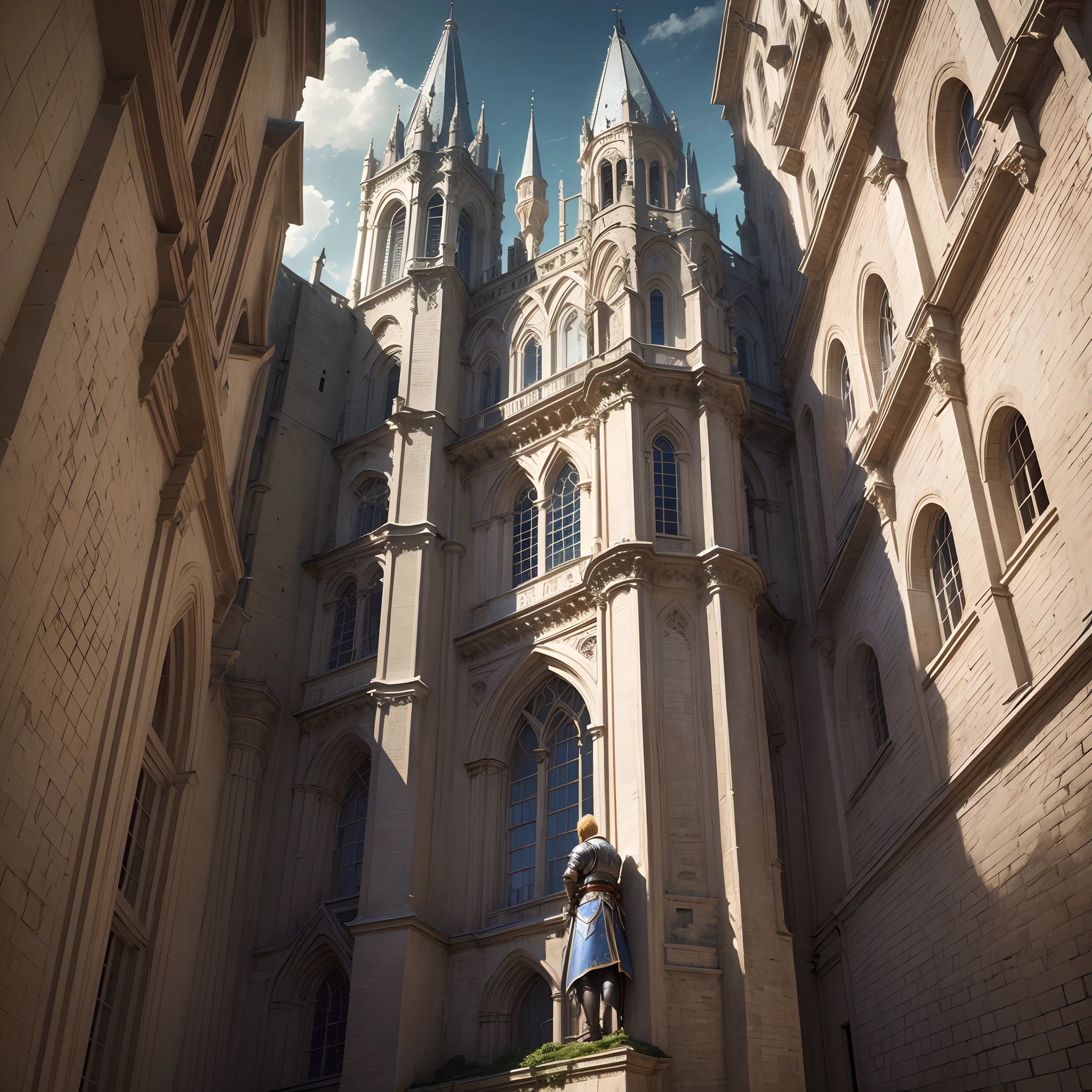 blond male kid in an armor climbing the external walls of cathedral (wgich is sci fi and from the time of the knights also like a mix) in the style of grandeur of scale, eerily realistic Very detailed high quality 8k Epic strong aesthetic With a sword cool , cinematic, photo, architecture, poster  - --auto --s2