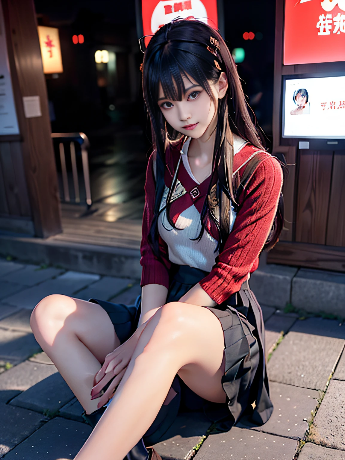 Woman in red sweater looking at mobile phone on city street, checking her phone, she is holding a smartphone, checking her cell phone,Princess Hair,a young asian woman, Young Asian Woman, portrait shot, Young Asian Girl, portrait of a japanese , A Japanese Lady, a japanese girl, goddess checking her phone, in city street at night, beautiful young woman with,((smooth hair,detailed hairs,Very fine hairs)),(Knee-length skirt:1.7),1girl in,((small tits,Thin leg,skinny thigh)),slim figure,extremely detailed eye and face、beatiful detailed eyes,Cool color makeup,Expro II,Lens Flare,Sharpen,cinematic shadow,