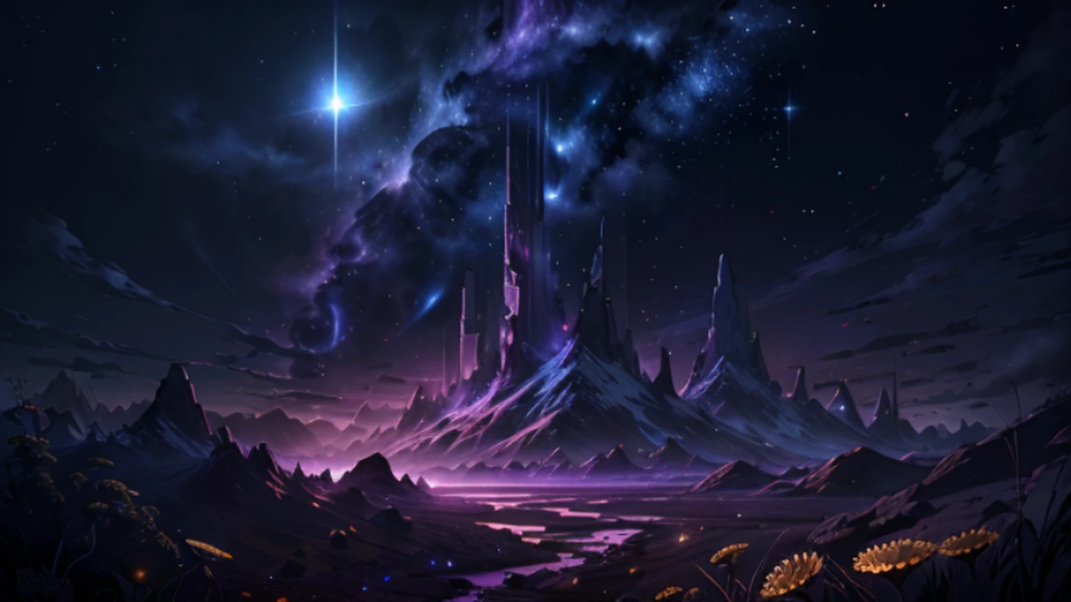 (Absurd, Cinematic, UHD, tallest, ultra detailed, ultra detailed), dark purple sky, nebula in the sky, last 5 in the sky, big moon in the sky, shooting star, dandelion field, mountain, oil painting, detailed dandelion field, detailed sky, sunset, unreal engine 4k wallpaper