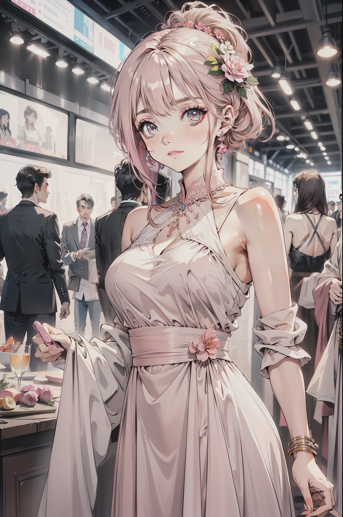 "Arrogantly beautiful woman in dazzling pink midi dress exudes elegance and radiance."