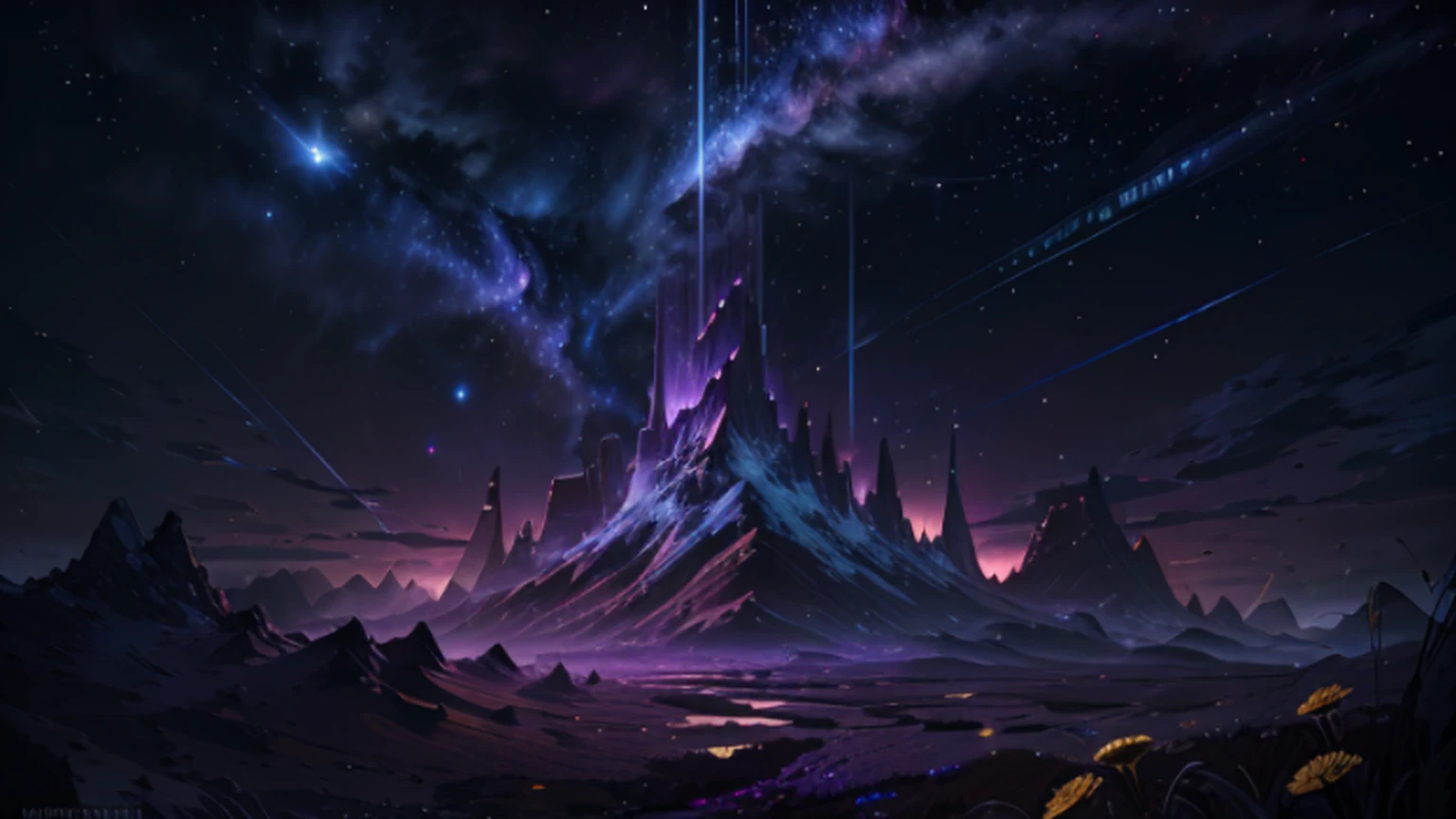 (Absurd, Cinematic, UHD, tallest, ultra detailed, ultra detailed), dark purple sky, nebula in the sky, last 5 in the sky, big moon in the sky, shooting star, dandelion field, mountain, oil painting, detailed dandelion field, detailed sky, sunset, unreal engine 4k wallpaper