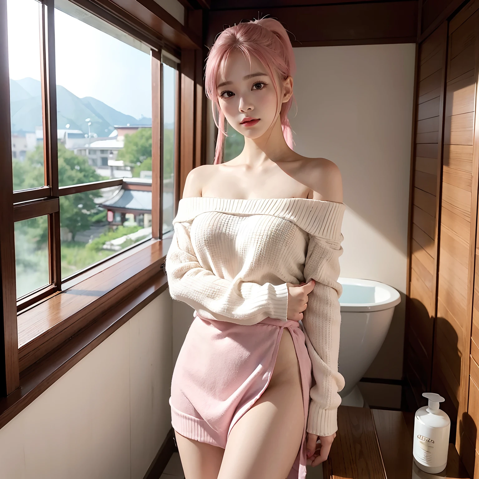 ​masterpiece、top-quality、8K、a picture、realisitic、独奏、1 persons、A MILF、(White sweater with short shoulders、white skirt)(full body Esbian)、(sexy  pose)、Soft lips, (Looking at the camera:0.6), pale skin, (A pink-haired), (finely eye:1.3), (Ponytail Floating Hair NovaFrogStyle:1.2), depth of fields, red blush, Shyness, Brown-eyed, (Random Color Bar), bangss, ((Detailed hotel bathroom)), ulzzang -6500-v1.1, pureerosface_v1:0.4, Detailed hot springs, nffsw, Detailed Japan garden