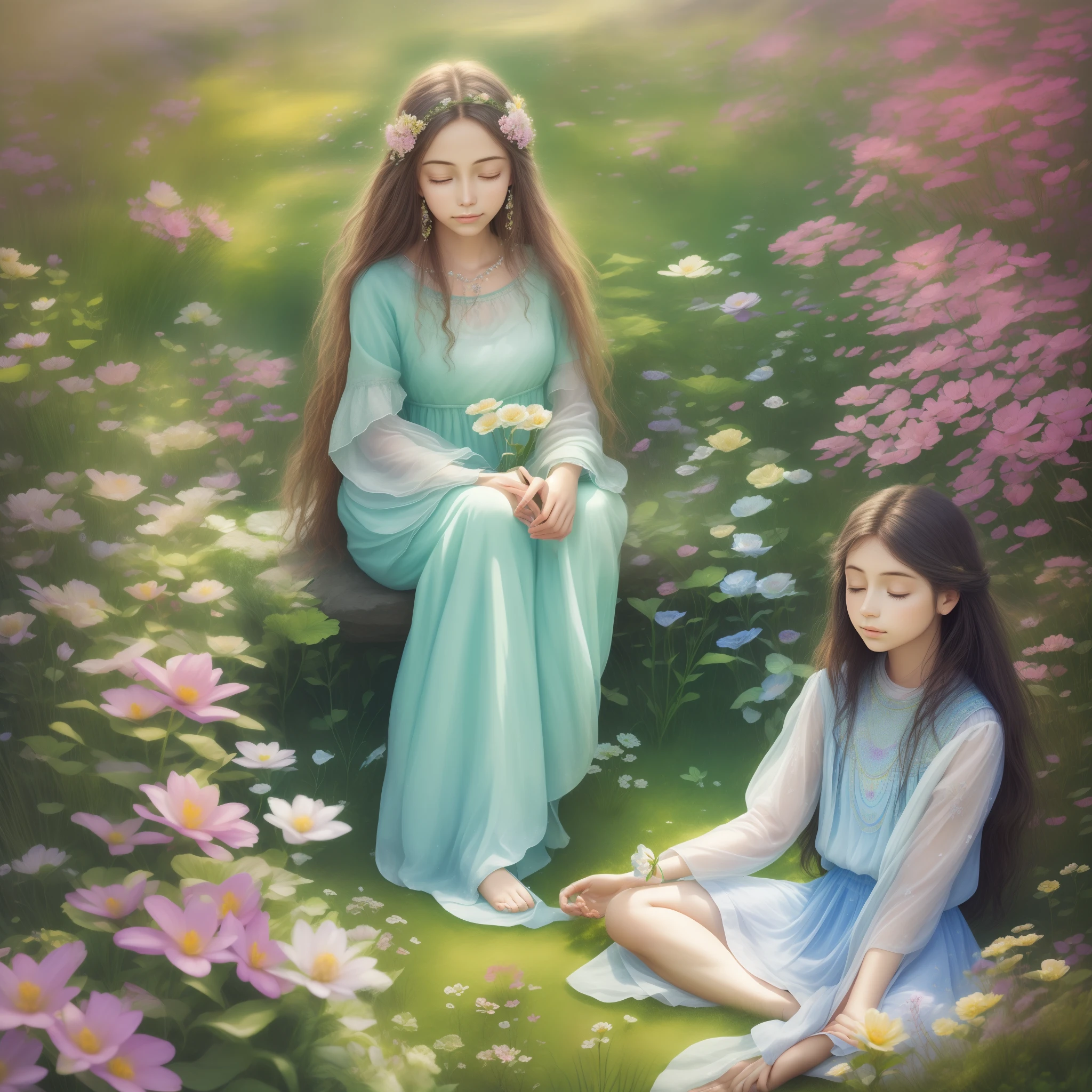 (best quality,highres,masterpiece:1.2),ultra-detailed,realistic,meditating woman sitting with closed eyes,hippie clothes,bright sunny day,flower field,peaceful atmosphere,soft sunlight,serene facial expression,natural surroundings,blissful,tranquil,carefree,summery colors,ethereal glow,harmonious garden,vibrant flowers,gentle breeze,beautifully flowing dress,flowing hair,positive energy,inner peace,calm and serene ambiance.