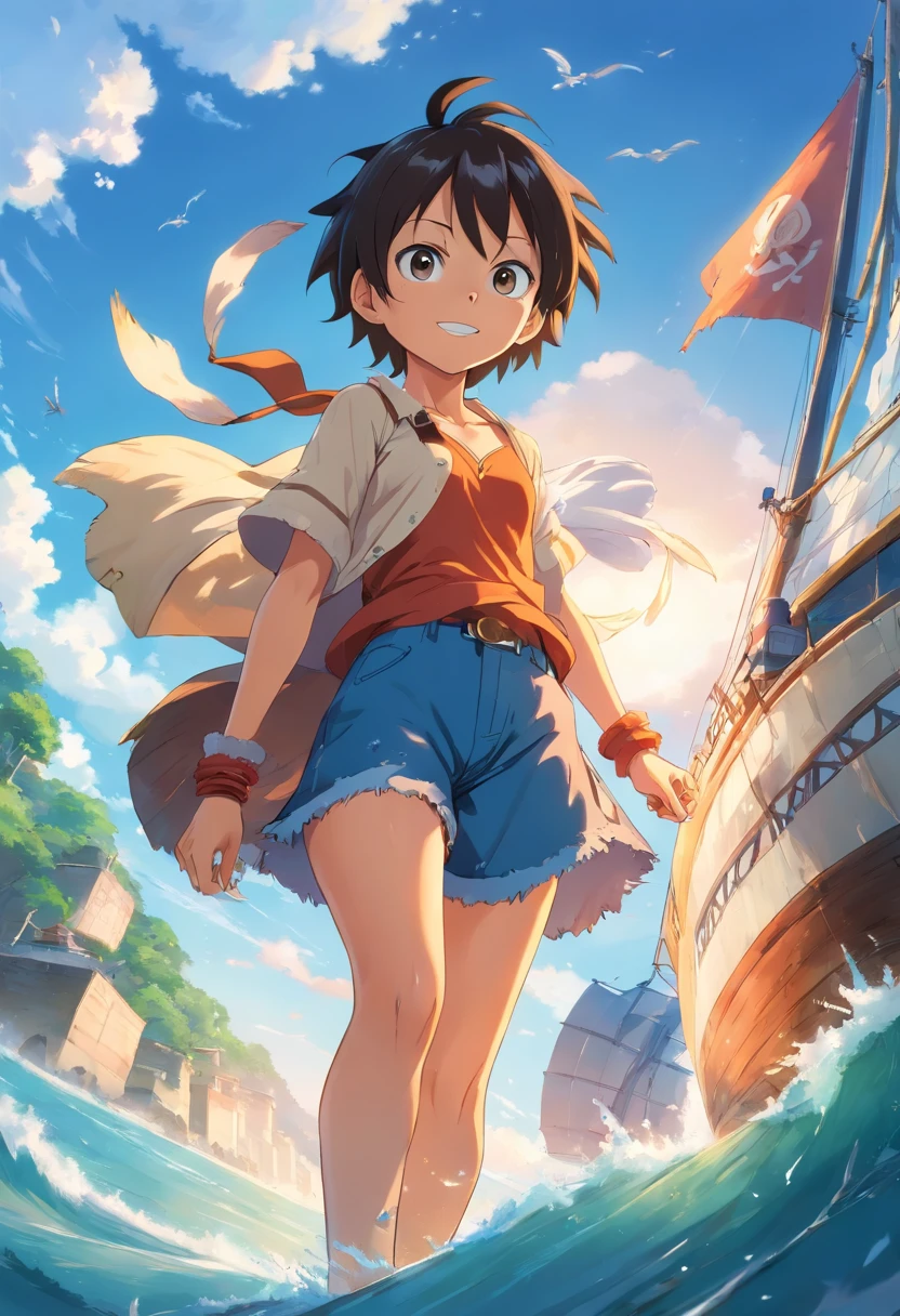 uma arte detalhada de Luffy garoto como rei dos piratas, one piece, 4k, corpo inteiro, inspirado em Eiichiro Oda, Art Style a piece, arte de anime limpa e detalhada, estilo de desenho hiper-realista, island background with several treasures up close.