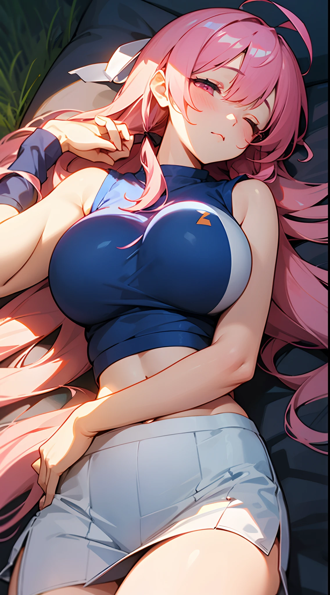 1 girl, game CG, sleeveless blue gym uniform, belly button visible, short white skirt, hair ribbon, gigantic breasts, pink hair, long hair, straight hair, ahoge, pink eyes, outdoor, sleeping, lying down, eyes closed,