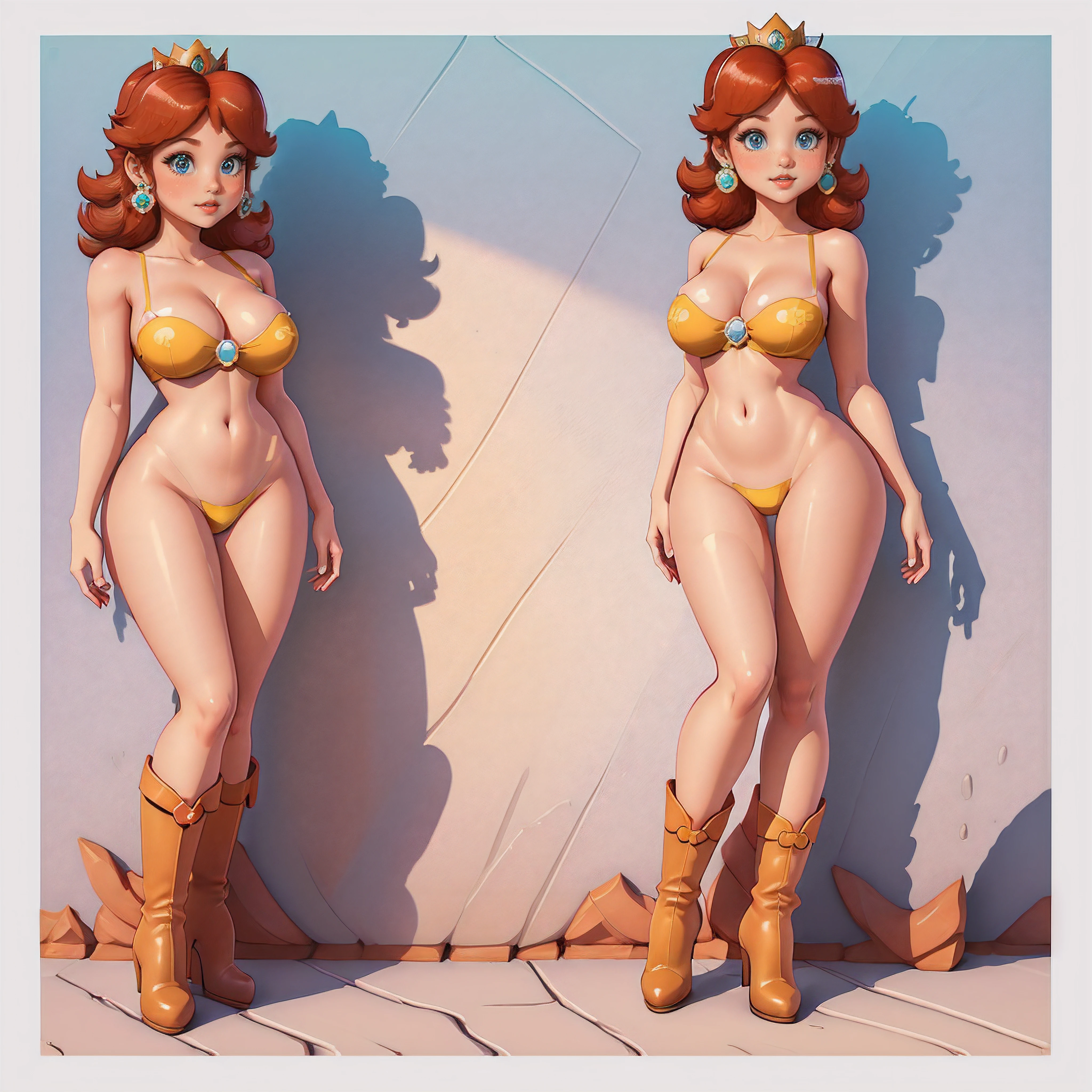 STICKER, Solid Outline:1.3, A detailed illustration of a vivid Sexy Princess Daisy from Mario naked, bare breasts, soft , face view, ass view, side by side, Solo Female, medium breasts, full cleavage, hands behind her head, Full Body View, high heeled boots, no background, vintage t-shirt design, in the style of hand drawing, 3D vector art, fantasy art, watercolour effect, Adobe Illustrator, hand-drawn, digital painting, low-poly, soft lighting, isometric style, retro aesthetic, focused on the character, 4K resolution, photo realistic rendering, using Cinema 4D,