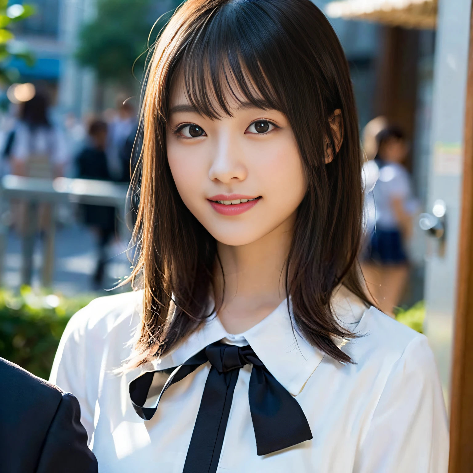 (8K、Raw photography、top-quality、masterpiece:1.2)、(realisitic、Photorealsitic:1.37)、ultra-detailliert、超A high resolution、(女の子1人:1.2)、see the beholder、beautifull detailed face、A smile、Constriction、(Slim waist) :1.3)、Beautiful detailed skin、Skin Texture、A dark-haired、Professional Lighting、Whole human body、Longhaire、japanese hight school uniform、hi-school girl、(White blouse and uniform with ribbon)、Plaid uniform skirt、Bob Hair、University、Happy smile、no-makeup、(hyper pretty face:1.5)、、