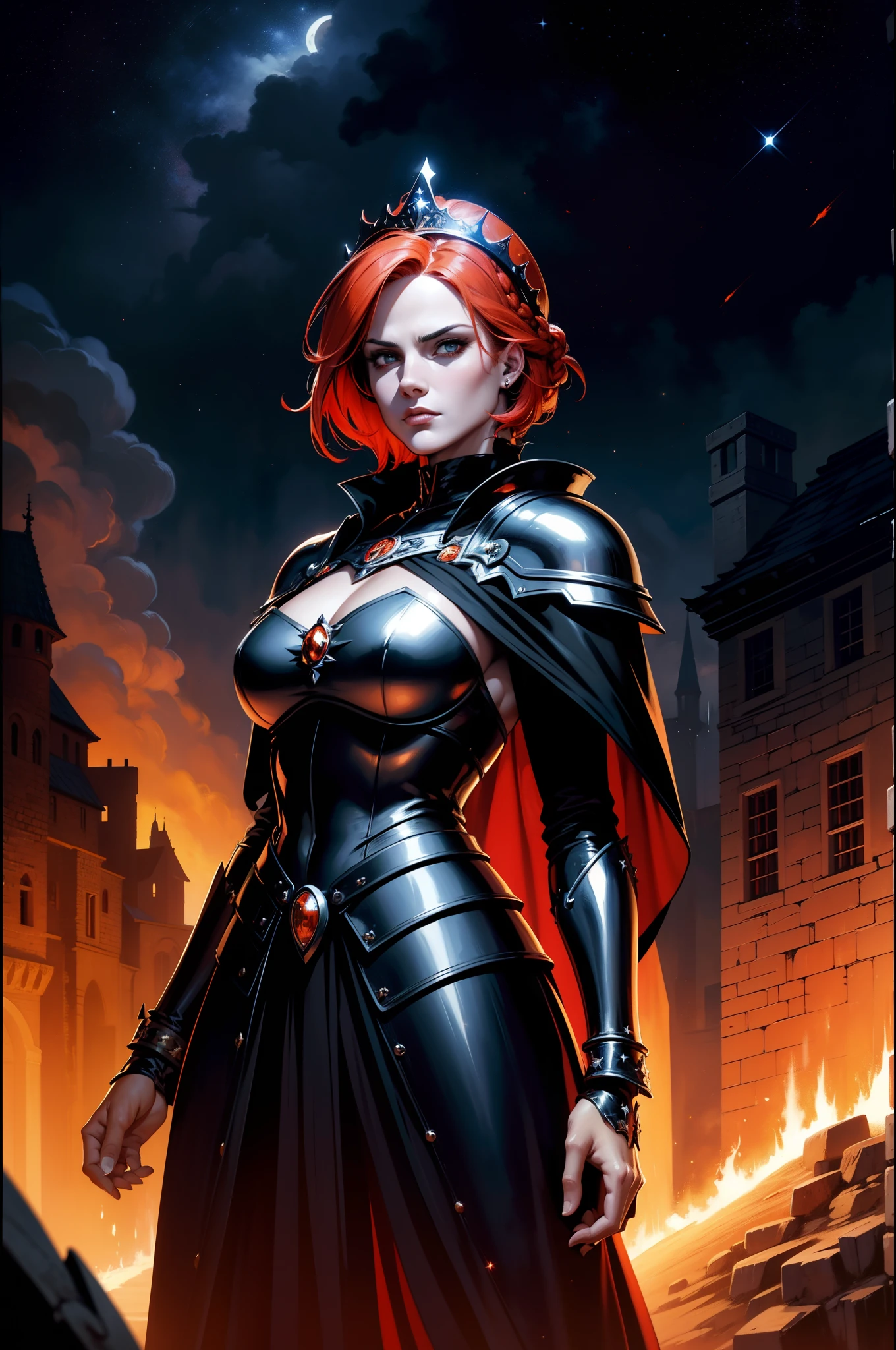 An adult female character, magician with short hair, red, orange, gothic armor in black and blue color, robe, flowing cape, 8k, oil painting, magnificent art with serious facial expression, medieval city, night with moonlight and stars, magic, very detailed oil painting, beautiful tiara, helmet, war, hair with a single braid over the shoulder
