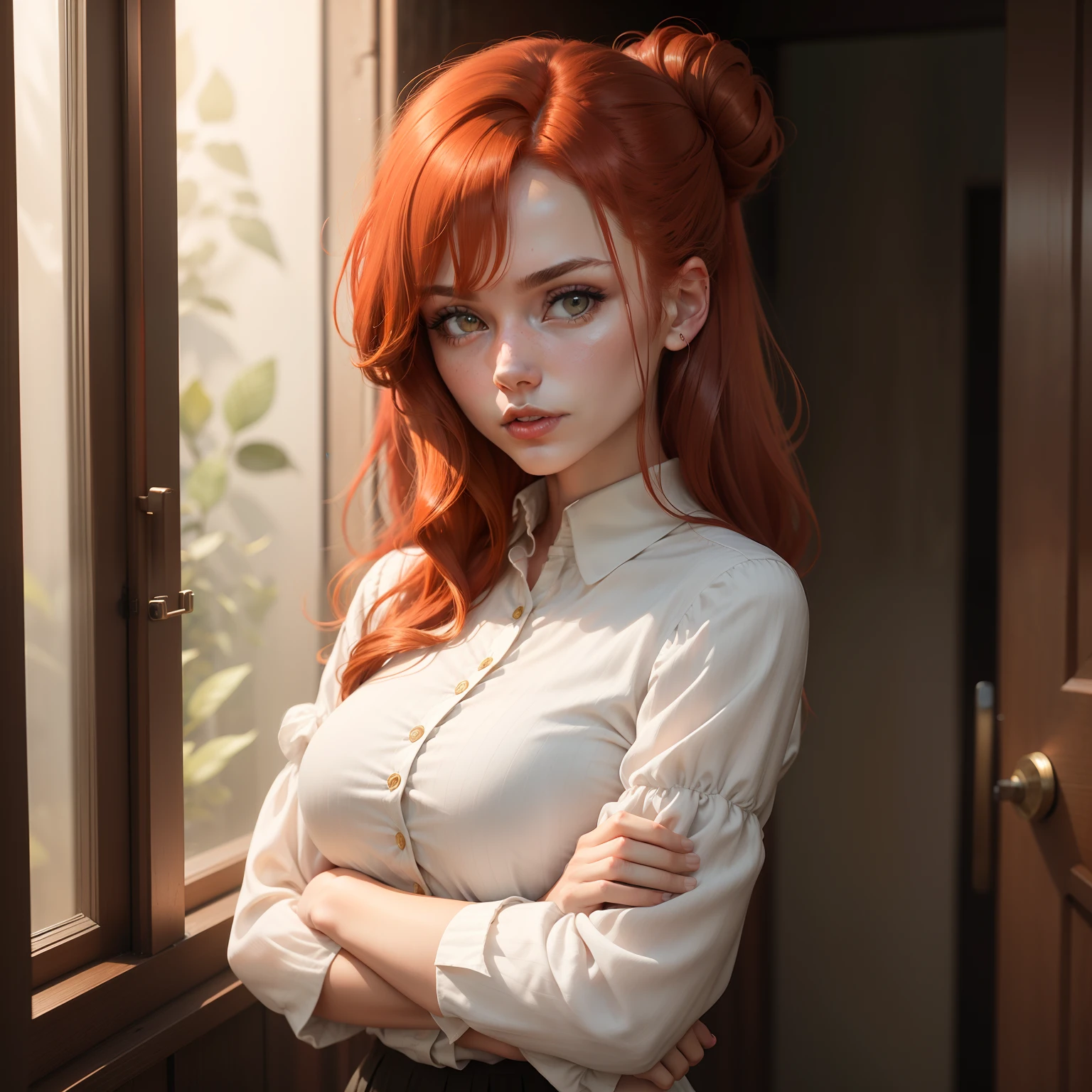 makima with the face of Taylor Swift\ (chainsaw man\), best quality, ultra detailed, 1girl, solo, standing, red hair, long braided hair, golden eyes, bangs, medium breasts, white shirt, tie, look, smile, (bad: 1.2), looking at the viewer, (interview: 1.3), (dark background, chains: 1.3), from above, sharp contrast, beautiful detailed eyes, focus, close up shot