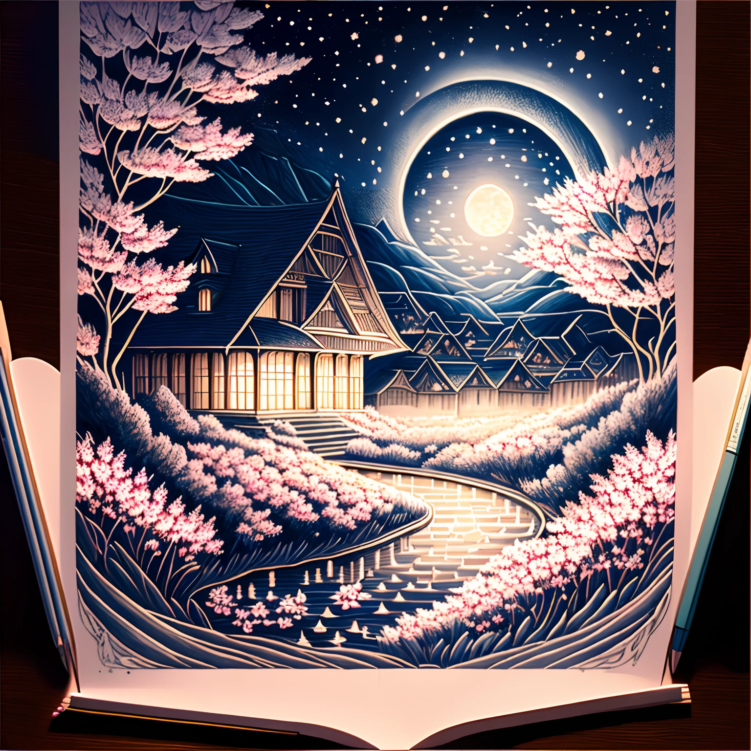 super high image, super detail, super high resolution, midnight, many lilies and cherry blossoms illuminated by moonlight on the hill of the town, landscape painting, pencil drawing art, delicate and detailed composition, professional lighting