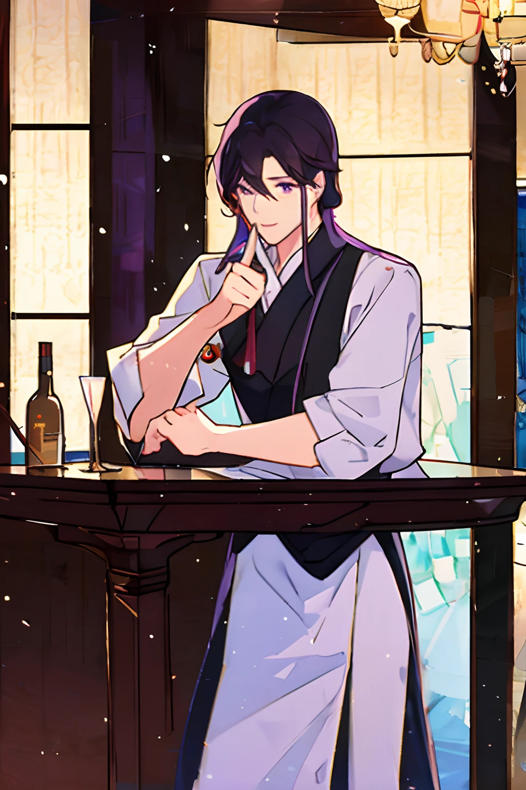 (Best Quality, 4k, 8k, High Resolutions, Masterpiece: 1.2), Ultra Detailed, Realistic: 1.37, HDR, UHD, Studio Lighting, Extreme Detail Description, Professional, Vivid Colors, Bokeh, Portraits, Anime, Shades warm, soft lighting, Dynamic Angle, Bustling atmosphere, Bartender skills, Chinese oriental clothing, charismatic smile, flirtatious look, Unique cocktails, classy Chinese glassware, Elegant bar counter, Polished wooden surface, Spotless clean, Colorful drink ingredients , fresh fruits, shiny ice cubes, Creative drink presentation, Smoky atmosphere, dimly lit bar, Playful shadows, Lively customers, Energetic conversations, Relaxing jazz music, Sophisticated atmosphere, Nightlife, Urban environment, Expert mixologist, cocktail shaker , Bartender's Tool Kit, Hanging Wine Glasses, Vintage Liquor Bottles, Art Decor, Mystery ATM, 1 Man/Boy/Male with the following features; 1 man/boy/male, sexy, with long black hair, purple eyes, red lips, white skin, and a sweet look