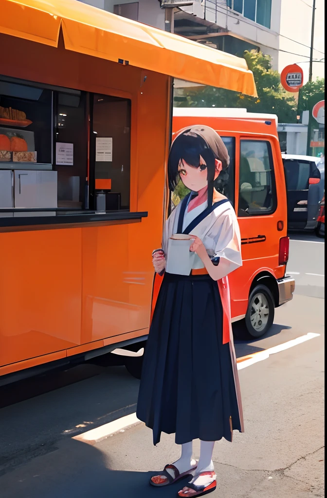 anime girl standing behind of a orange sushi truck