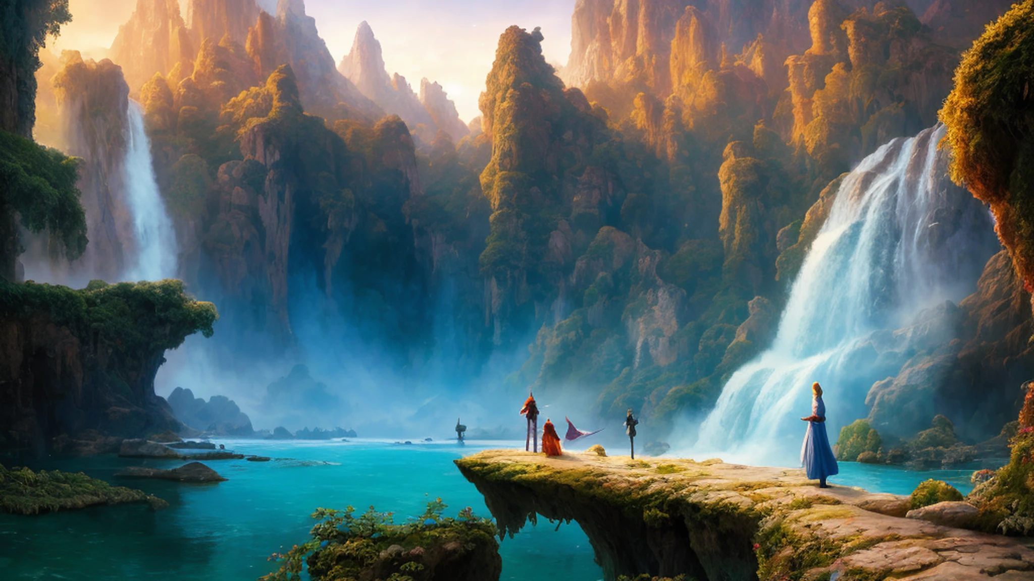 pintura de um homem e uma mulher em frente a uma cachoeira, Arte de fantasia 4k, 8k arte impressionante, Arte de fantasia 8k, Arte bonita UHD 4K, Arte digital altamente detalhada em 4k, Arte digital detalhada em 4k, Papel de parede de arte conceitual 4K, paisagem de arte de fantasia, arte digital de fantasia detalhada, Estilo Andreas Rocha, arte fantasia behance