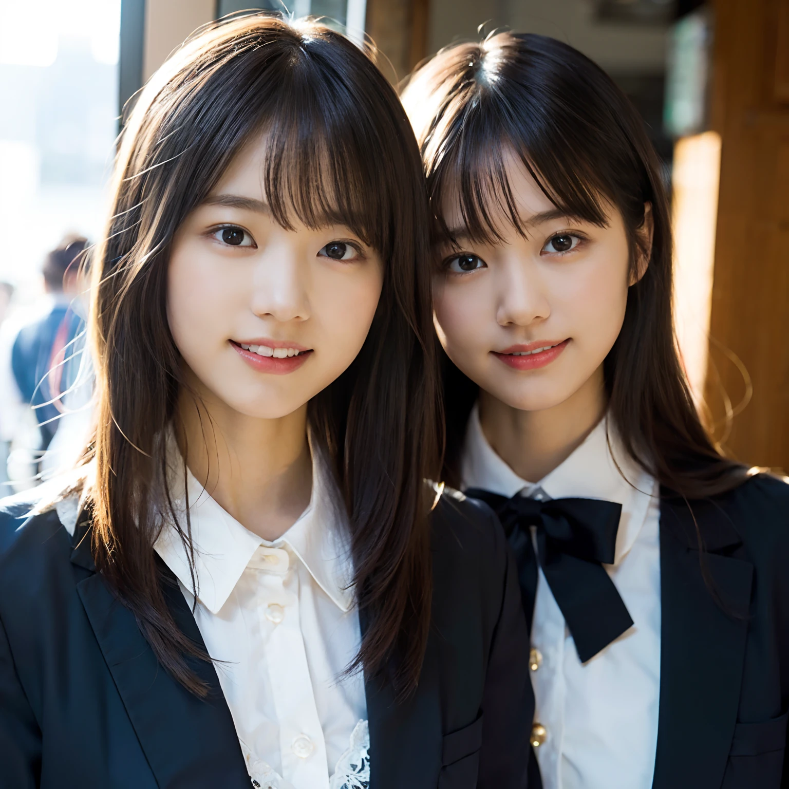 (8K、Raw photography、top-quality、masterpiece:1.2)、(realisitic、Photorealsitic:1.37)、ultra-detailliert、超A high resolution、(女の子1人:1.2)、see the beholder、beautifull detailed face、A smile、Constriction、(Slim waist) :1.3)、Beautiful detailed skin、Skin Texture、A dark-haired、Professional Lighting、Whole human body、Longhaire、japanese hight school uniform、hi-school girl、(White blouse and uniform with ribbon)、Plaid uniform skirt、Bob Hair、University、Happy smile、no-makeup、(hyper pretty face:1.5)、、
