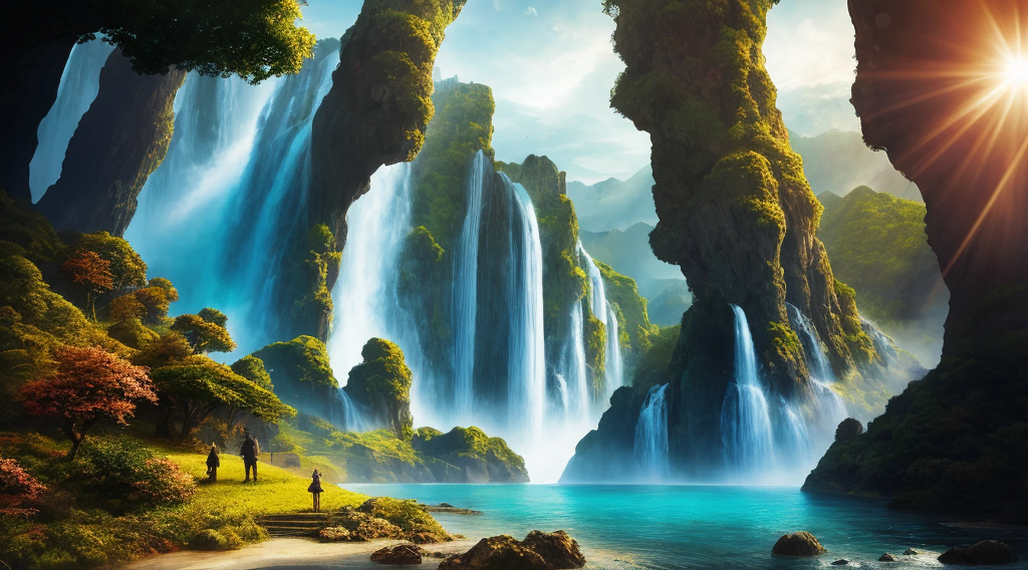 anime, garota, waterfall, fantasia, arte, Landscape, artee digital, Arte de fantasia 4k, Arte de fantasia grande angular, paisagem de fantasia impressionante, paisagem de artee de fantasia, Fantasia pintura fosca，fofo, artee digital de fantasia detalhada, Arte de fantasia 8k, Papel de parede de artee conceitual 4K, epic dreamlike fantasy landscape, Epic Fantasy Digital Art Style, Arte digital altamente detalhada em 4k