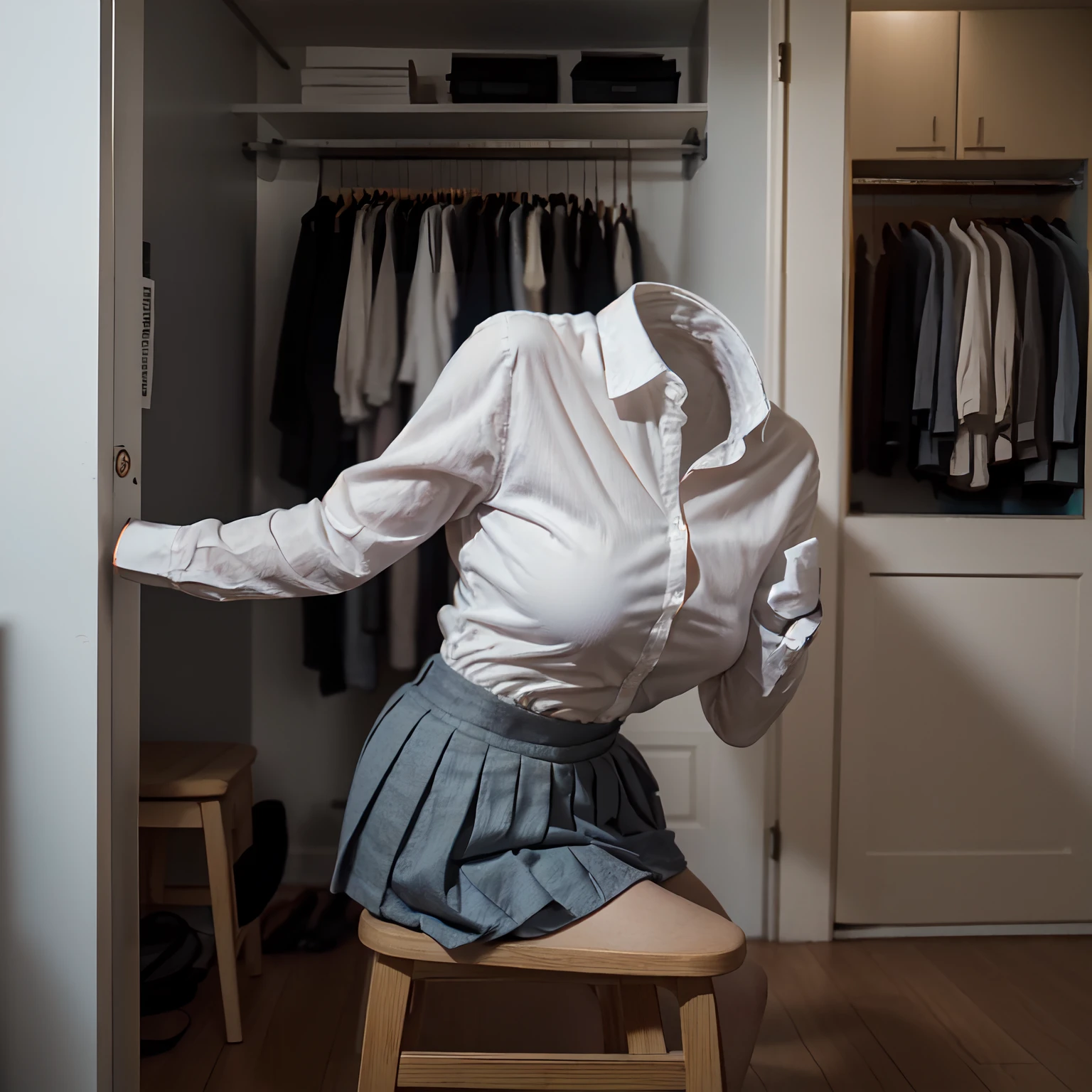 (school uniform),((invisible, no humans:1.5, headless:1.5, handless, legless)), big breast, in closet,
(8k, RAW photo, best quality, masterpiece:1.2), (realistic, photo-realistic:1.37),photon mapping, radiosity, ((Hasselblad photography)),physically-based rendering,