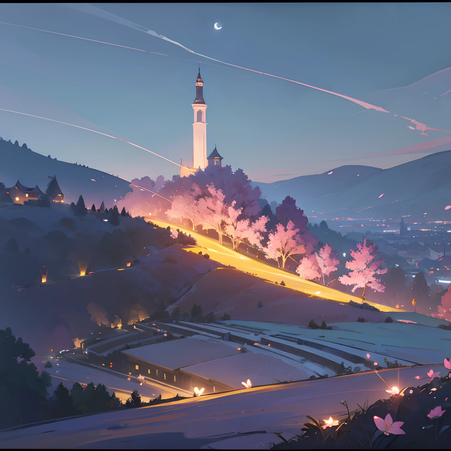 super high image, super detail, super high resolution, midnight, many lilies and cherry blossoms illuminated by moonlight on the hill of the town, landscape painting, delicate and detailed composition, professional lighting