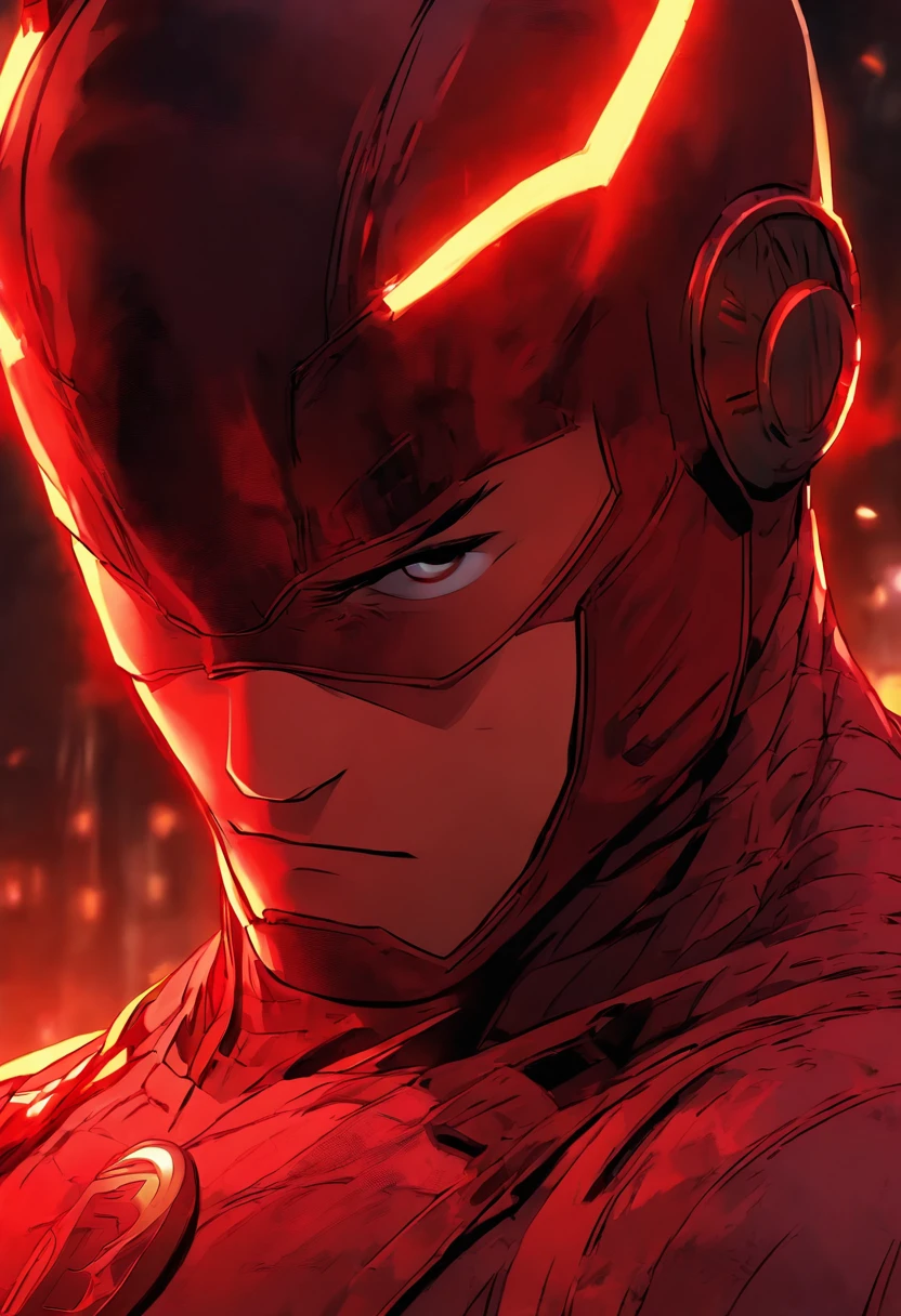 daredevil as a ager in a red battle suit, with small red eyelines and red eyelences, a half-red mask, and a hint of a smirk, with two small horns protruding from the top of the head.