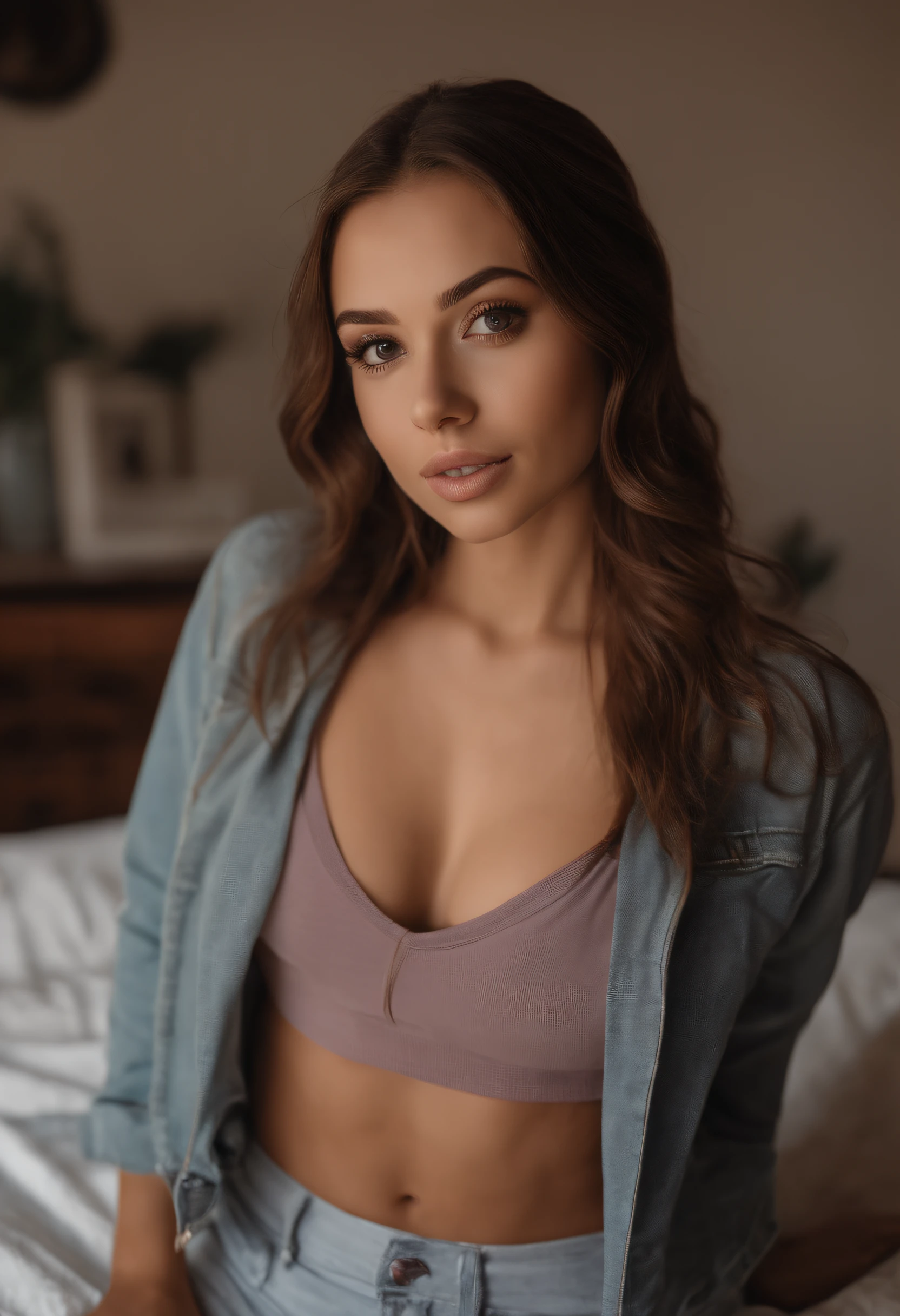 arafed woman with matching tank top and panties, sexy girl with brown eyes, portrait sophie mudd, brown hair and large eyes, selfie of a young woman, bedroom eyes, violet myers, without makeup, natural makeup, looking directly at the camera, face with artgram, subtle makeup, stunning full body shot, cleavage, sitting at the dinner table