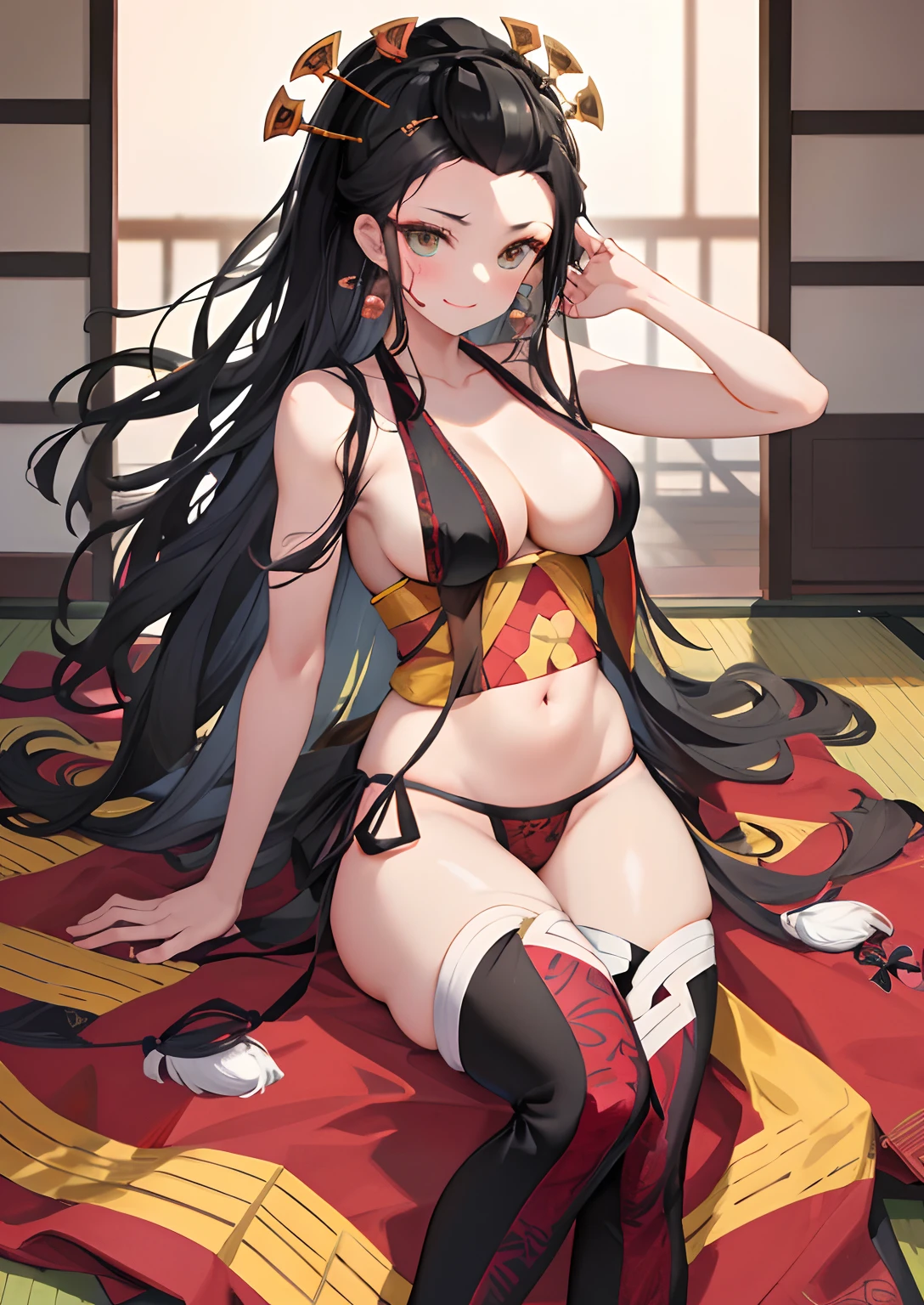 masterpiece, best quality, DakiV4, 1girl, solo, long hair, breasts, smile, ((black hair)), hair ornament, indoors, v, japanese architecture, thighhighs, navel, cleavage, very long hair, underwear, panties,