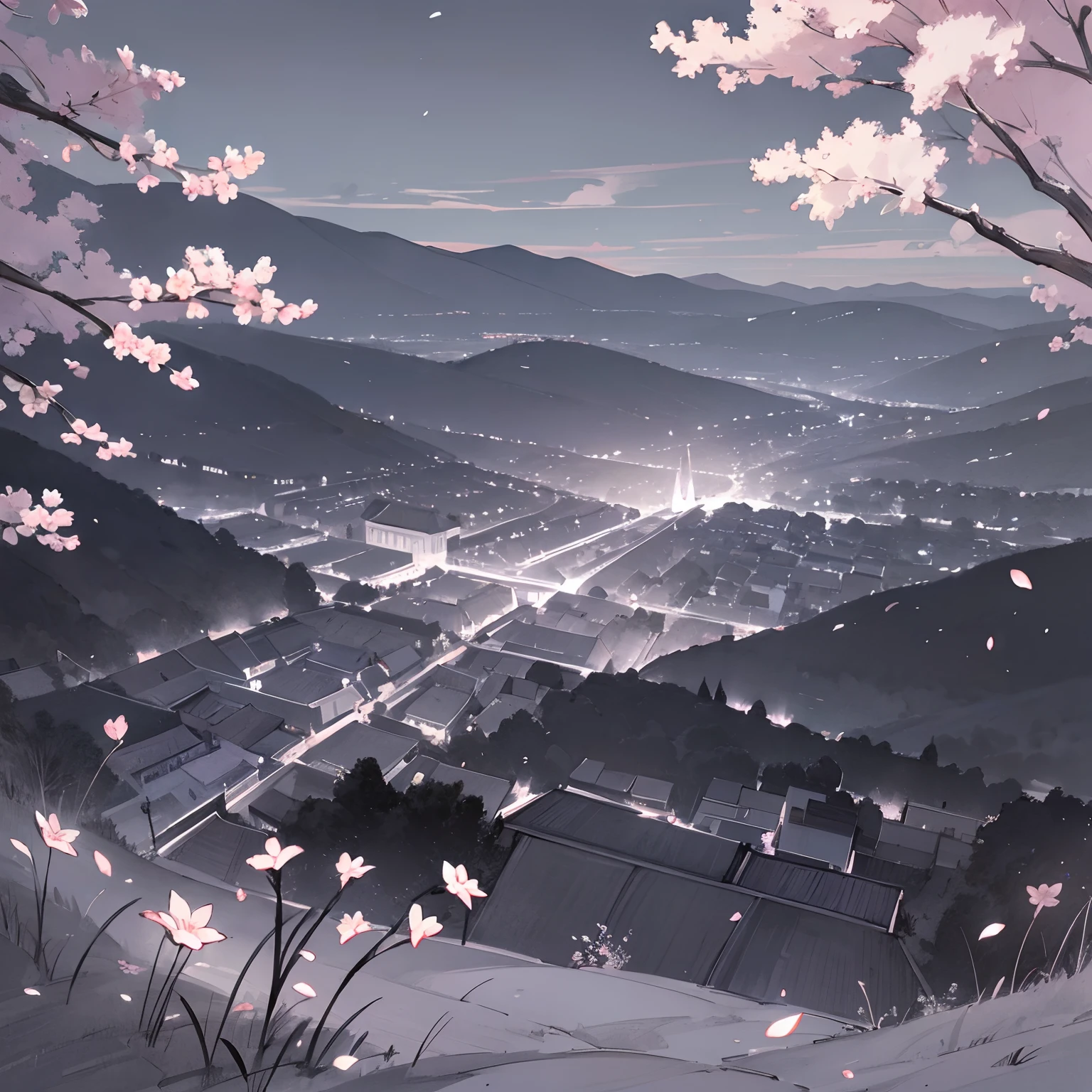 super high image, super detail, super high resolution, midnight, many lilies and cherry blossoms illuminated by moonlight on the hill of the town, landscape painting, pencil drawing art, monochrome, delicate and detailed composition, professional lighting