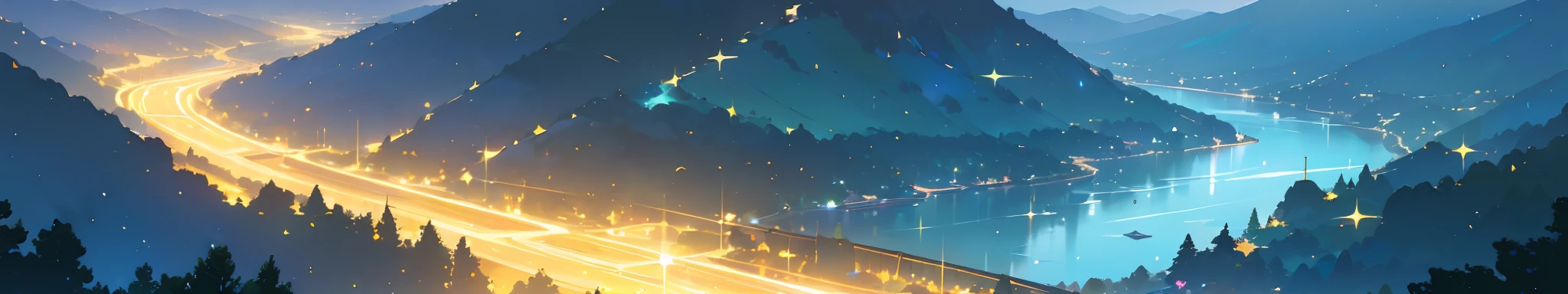 (best quality,16k,masterpiece:1.37),Generate a vibrant, dreamy landscape image featuring a mountainous terrain with a sparkling river running through it at night with a sly full of stars. The color palette should include shades of blue, green, and gold. and it should evoke a sense of tranquility similar to the works of artist Makoto Shinkai.