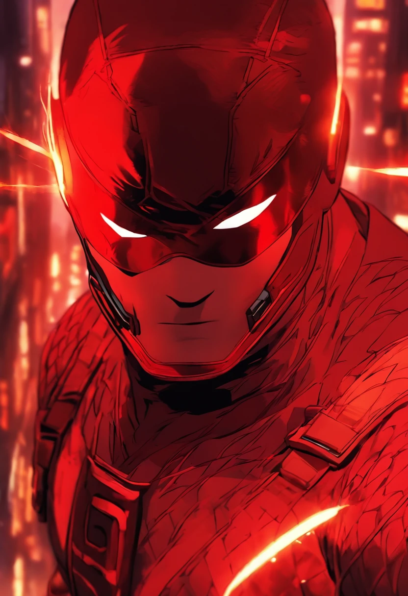 daredevil as a teenager in a red battle suit, with small red eyelines and red eyelences, a half-red mask, and a hint of a smirk, with two small horns protruding from the top of the head.