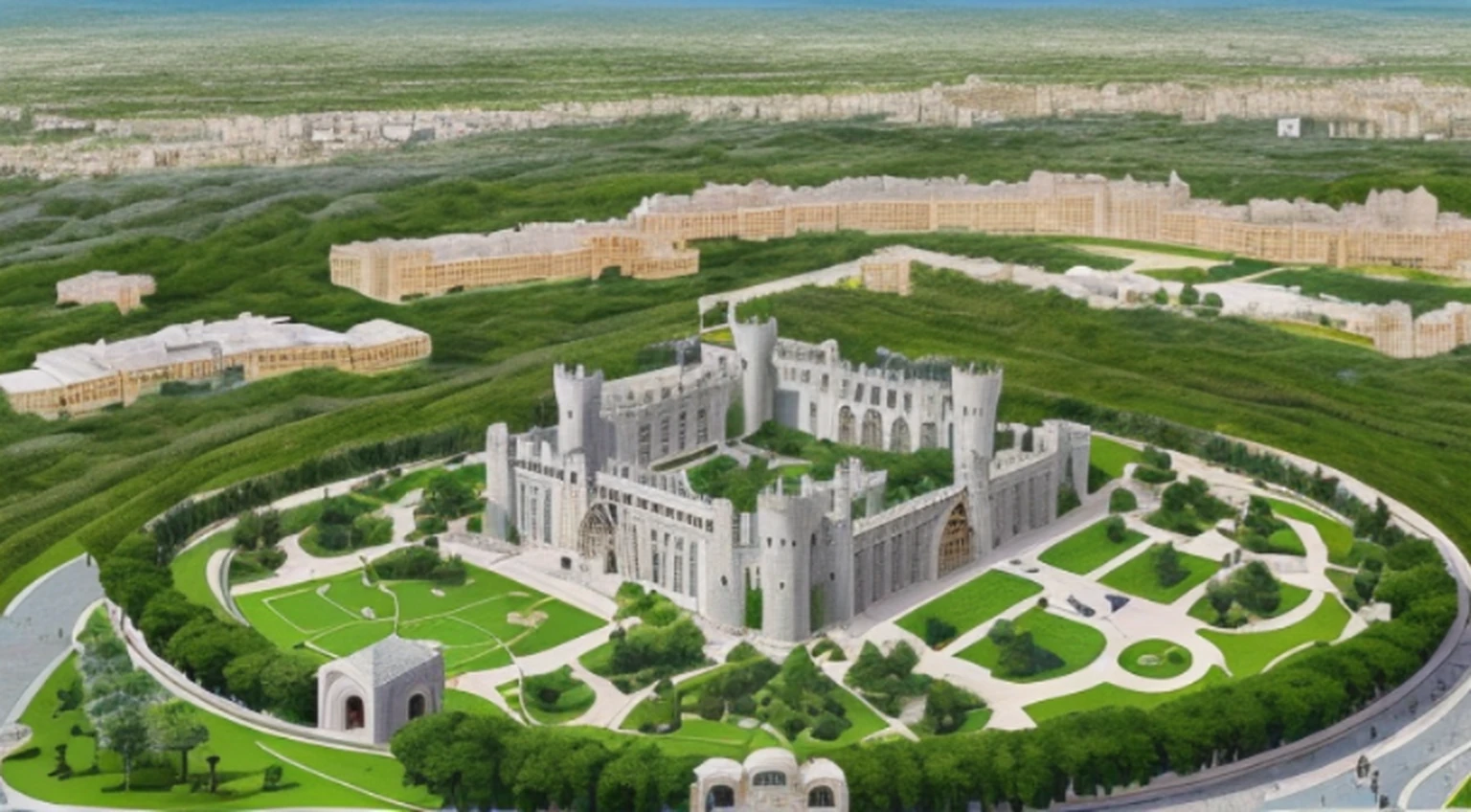 Castles and medieval territories,There are houses and trees in the territory,Western-style building,Casas de ambos os lados,O castelo fica no lado norte,The center is the stadium and the mall,It is surrounded by grass and trees,Summer is coming,People are small in front of the building,But people are happy。