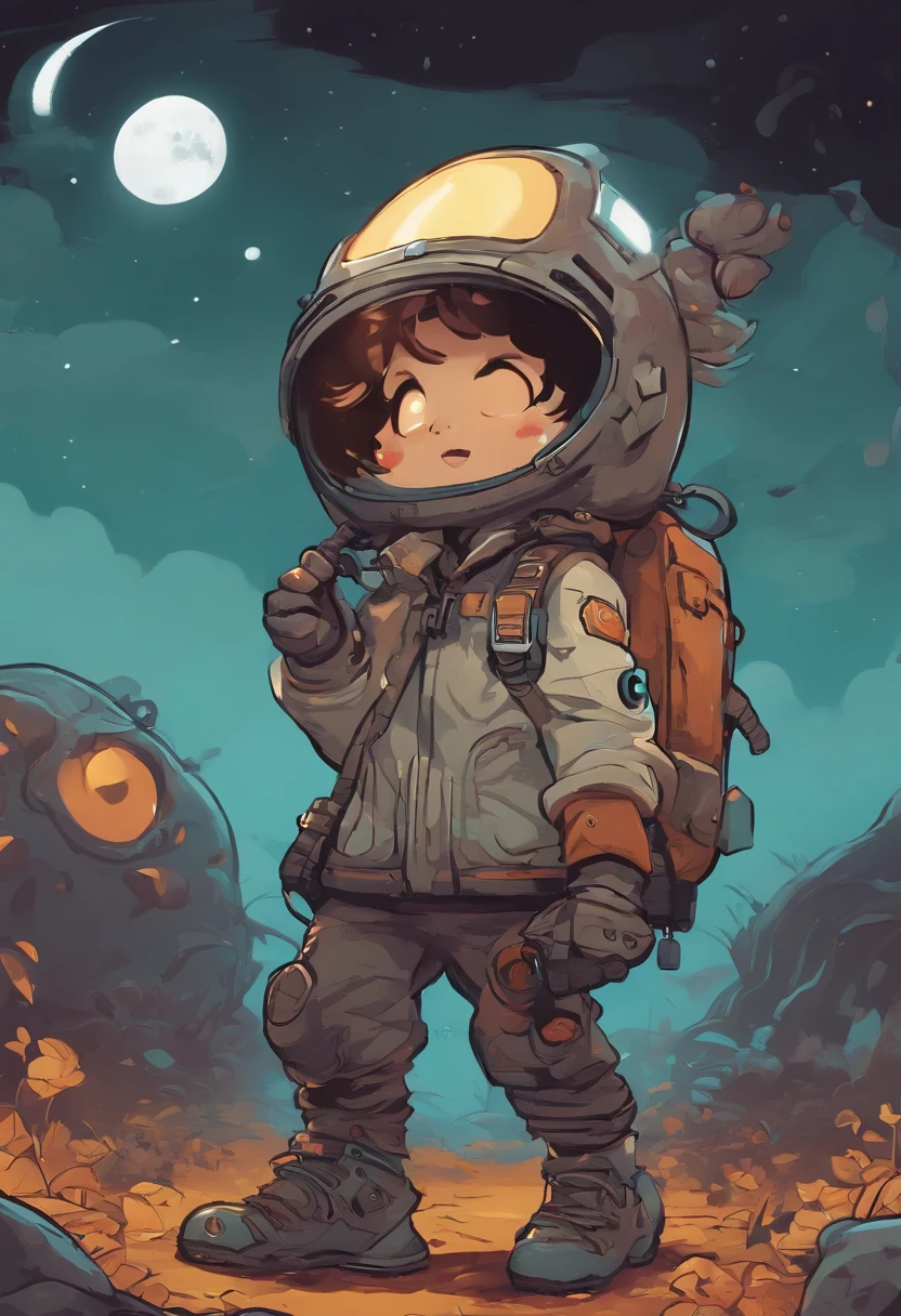 Skottie Young Style - 2d vector illustration, Halloween monster explorer space, trending pixiv fanbox, acrylic palette knife, 4k, vibrant colors, devinart, trending on artstation,, smooth lighting and pastel colors. graffiti background, (8 colors), by Skottie Young