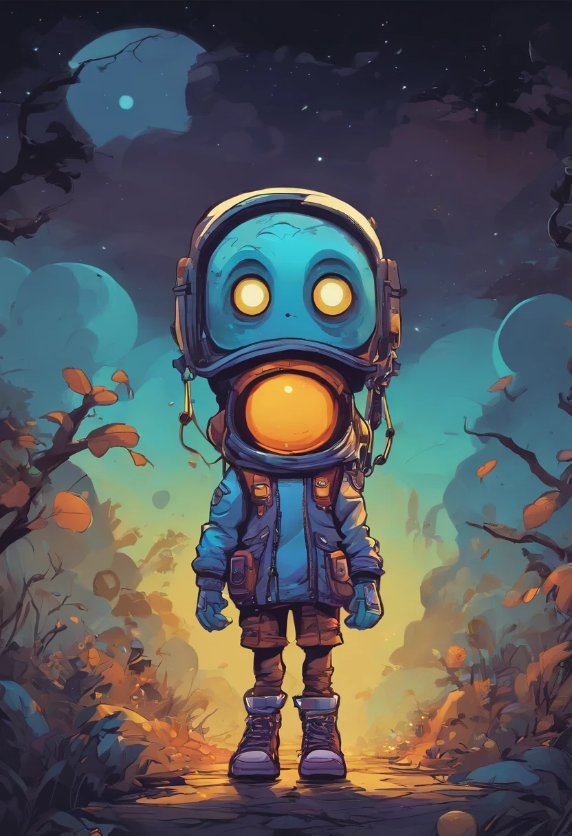 Skottie Young Style - 2d vector illustration, Halloween monster explorer space, trending pixiv fanbox, acrylic palette knife, 4k, vibrant colors, devinart, trending on artstation,, smooth lighting and pastel colors. graffiti background, (8 colors), by Skottie Young