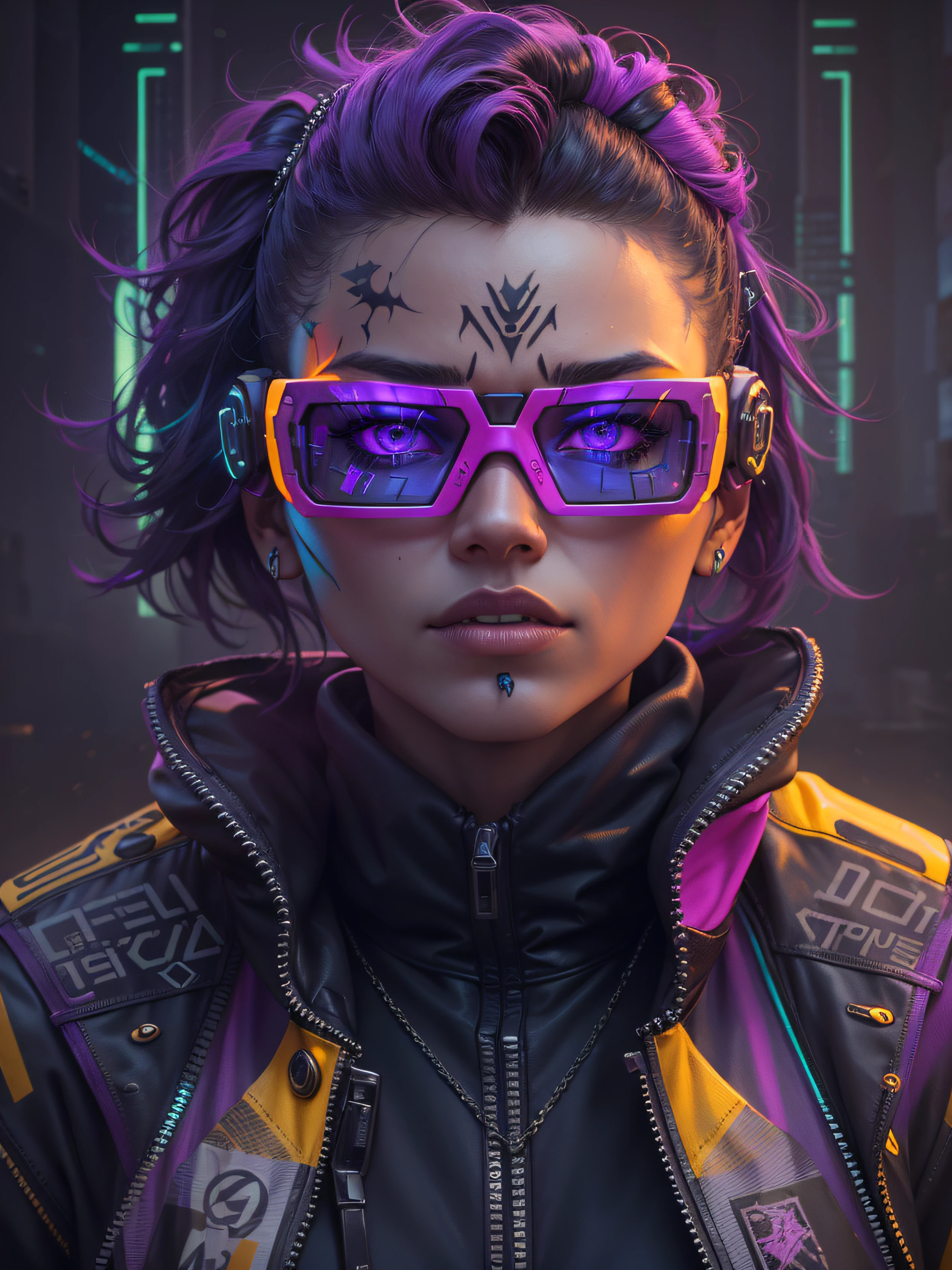 Transform into an ultra-realistic cyberpunk character with a dystopian backdrop, Luzes neon em tons de roxo, amarelo, e rosa, wearing a sleek futuristic 3D glasses, adornado com tatuagens estilo cyberpunk, and wearing a mysterious and daring mask.