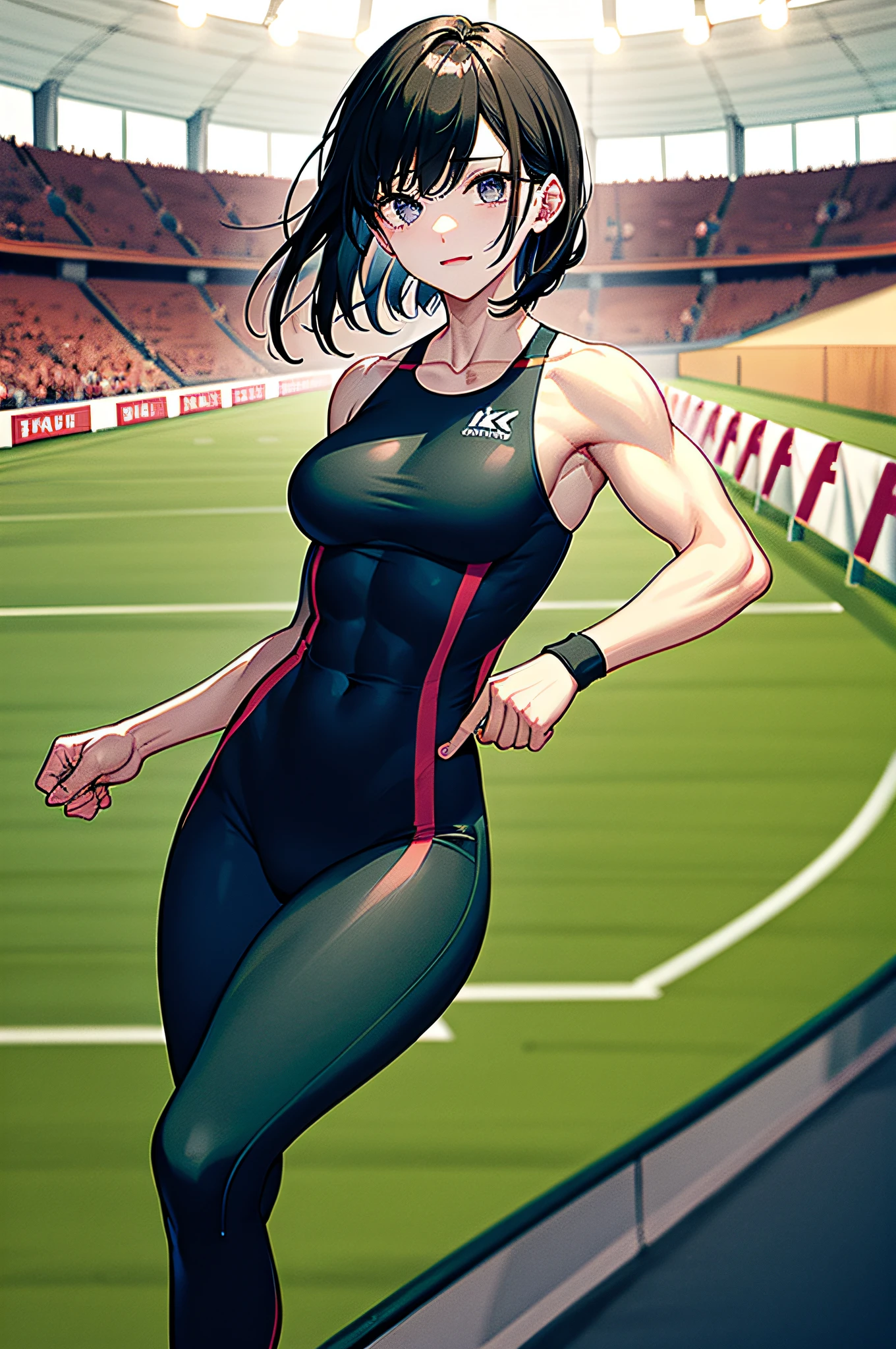 Her eyes shone like stars、Curvaceous but slender、(top-quality、hight resolution、8k、​masterpiece:1.2)。Beautiful muscular woman、Generate a scene where you stand on the starting line of a sprint。The grass of the stadium is illuminated by sunlight、Cheers and applause echoed from the audience seats.。Women wearing competition costumes、Its muscles beautifully emphasize the trained body。Her starting position is perfect and、Muscles are emphasized at the start of play。The sound of the starter pistol sounds、Women accelerate instantly、Run strong。The arena became a symphony of speed and strength.、Female muscles move beautifully every time they run。The audience went crazy、The tension of the competition is increasing。This scene is called、Finish with an inspiring moment that highlights your beauty and muscular strength。